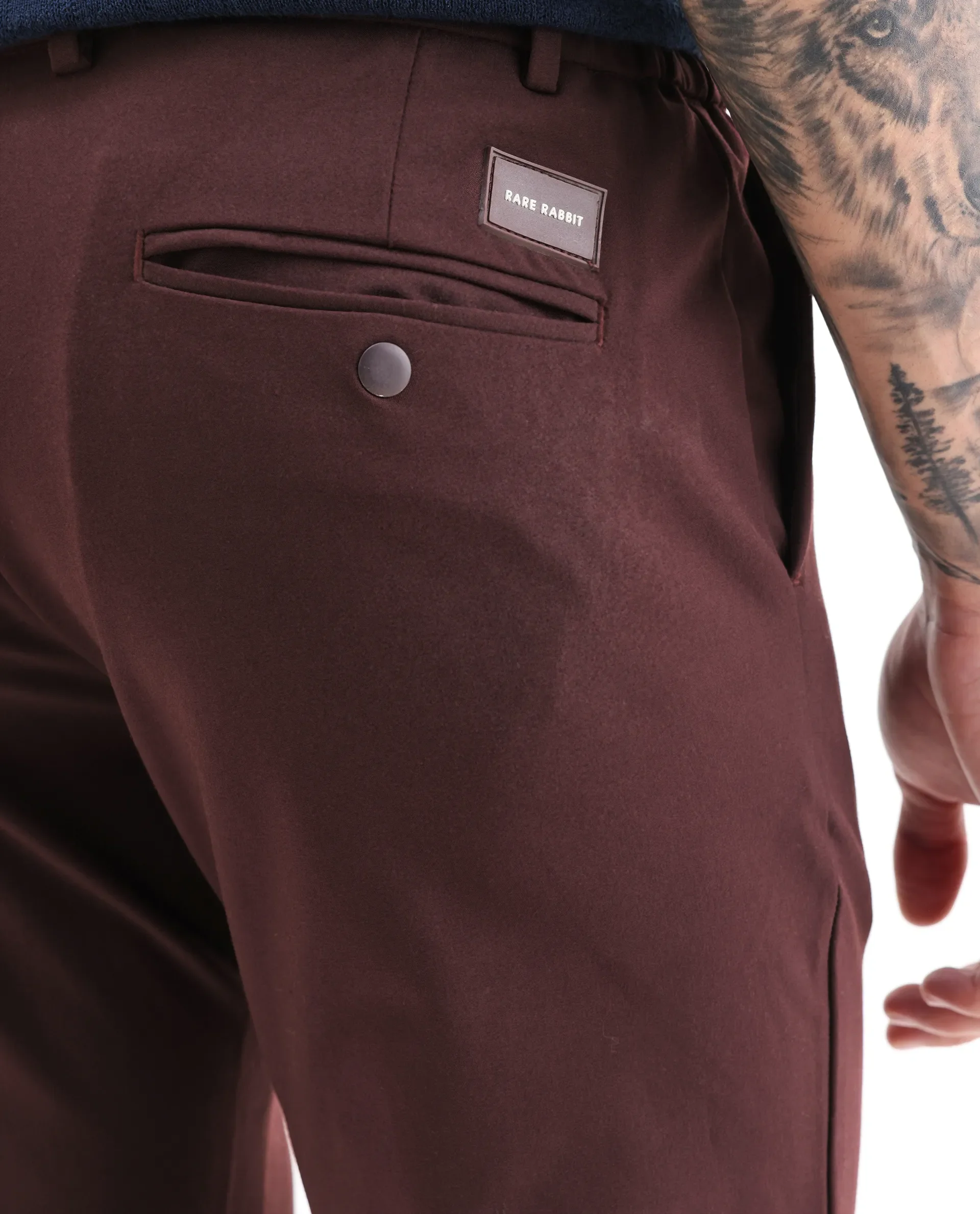 Rare Rabbit Men's Travel-1 Dark Maroon Solid Mid-Rise 4-Way Stretch Slim Fit Trousers - Image 6
