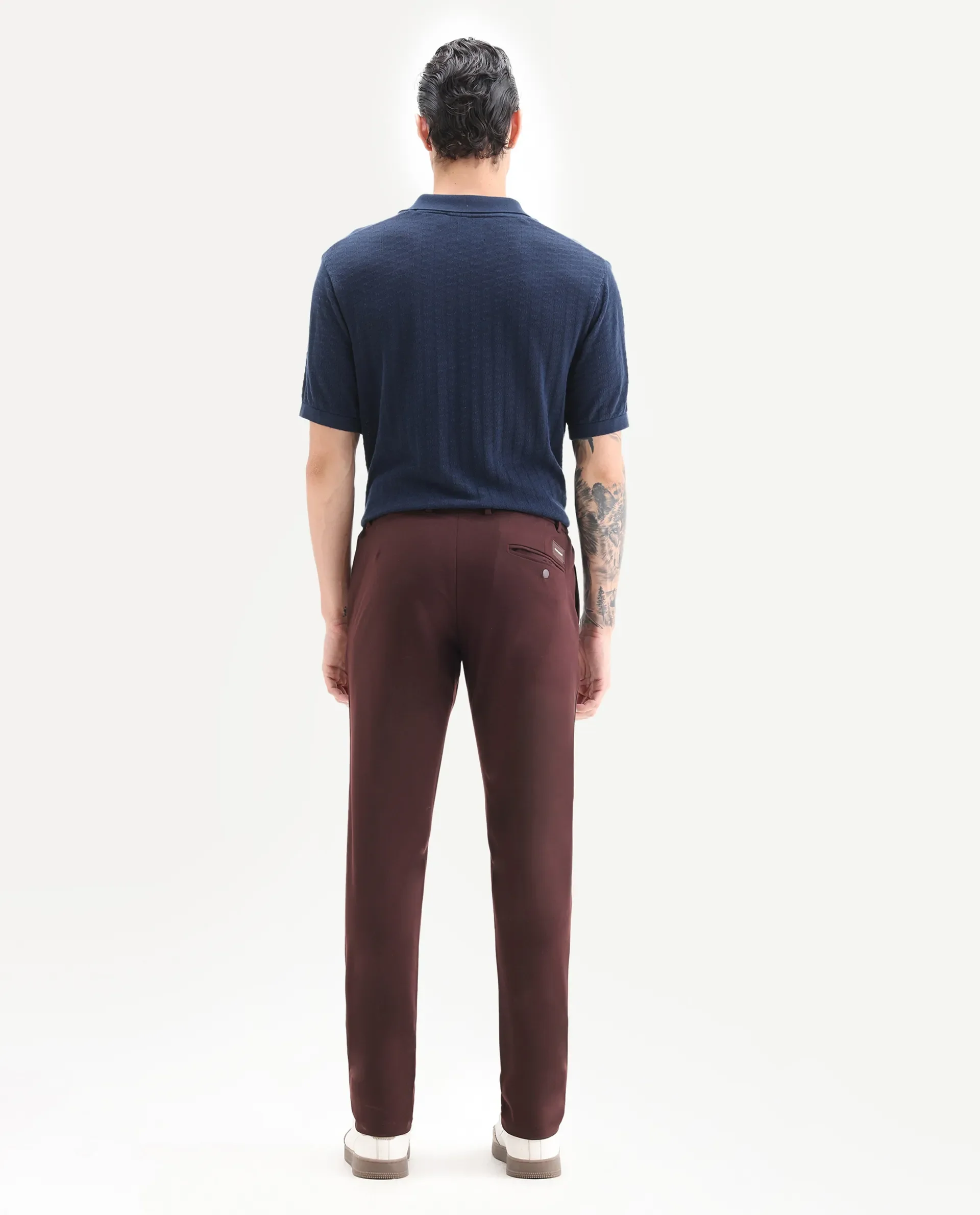 Rare Rabbit Men's Travel-1 Dark Maroon Solid Mid-Rise 4-Way Stretch Slim Fit Trousers - Image 7