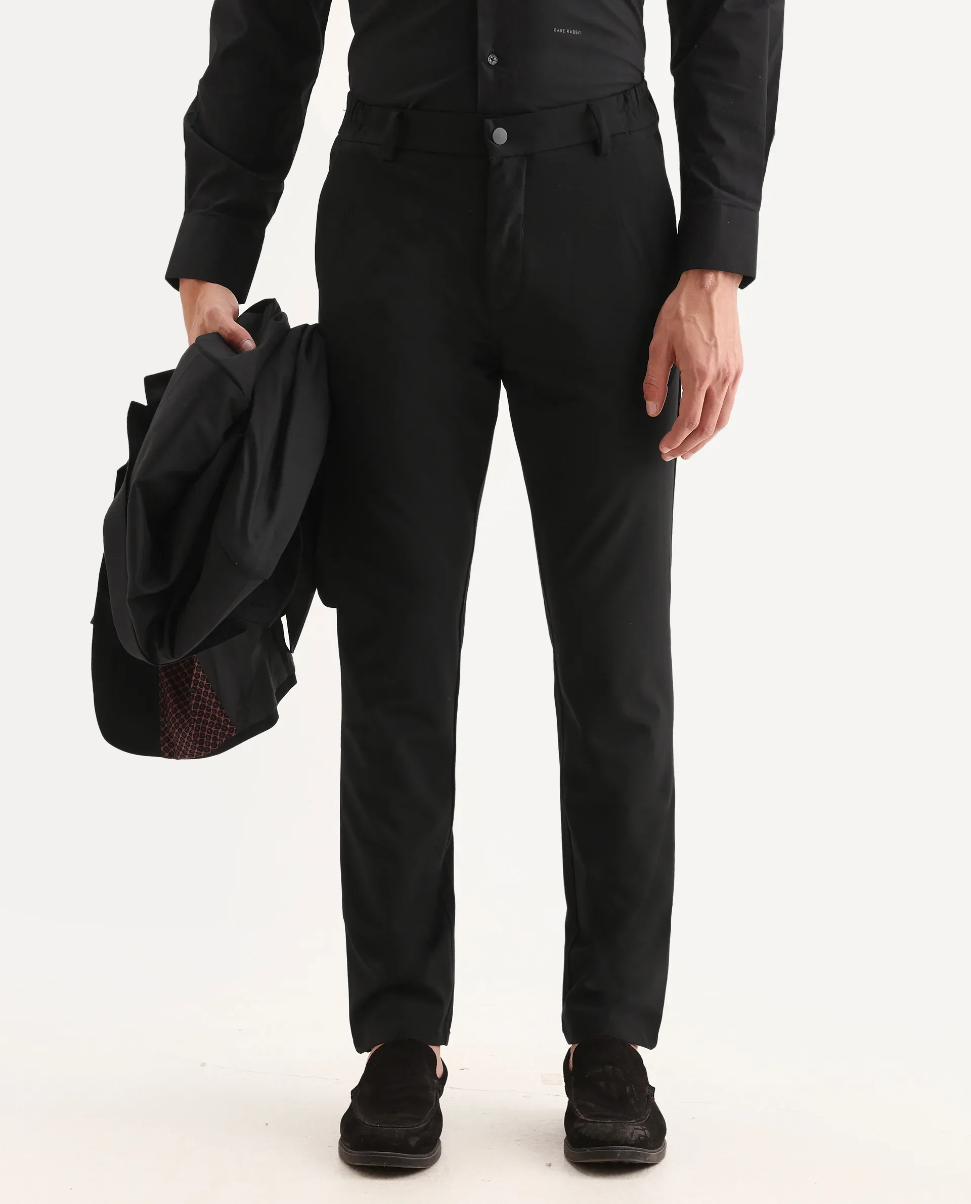 Rare Rabbit Men's Travel-11 Black Polyester Blend Plain Regular Fit Trouser - Image 2