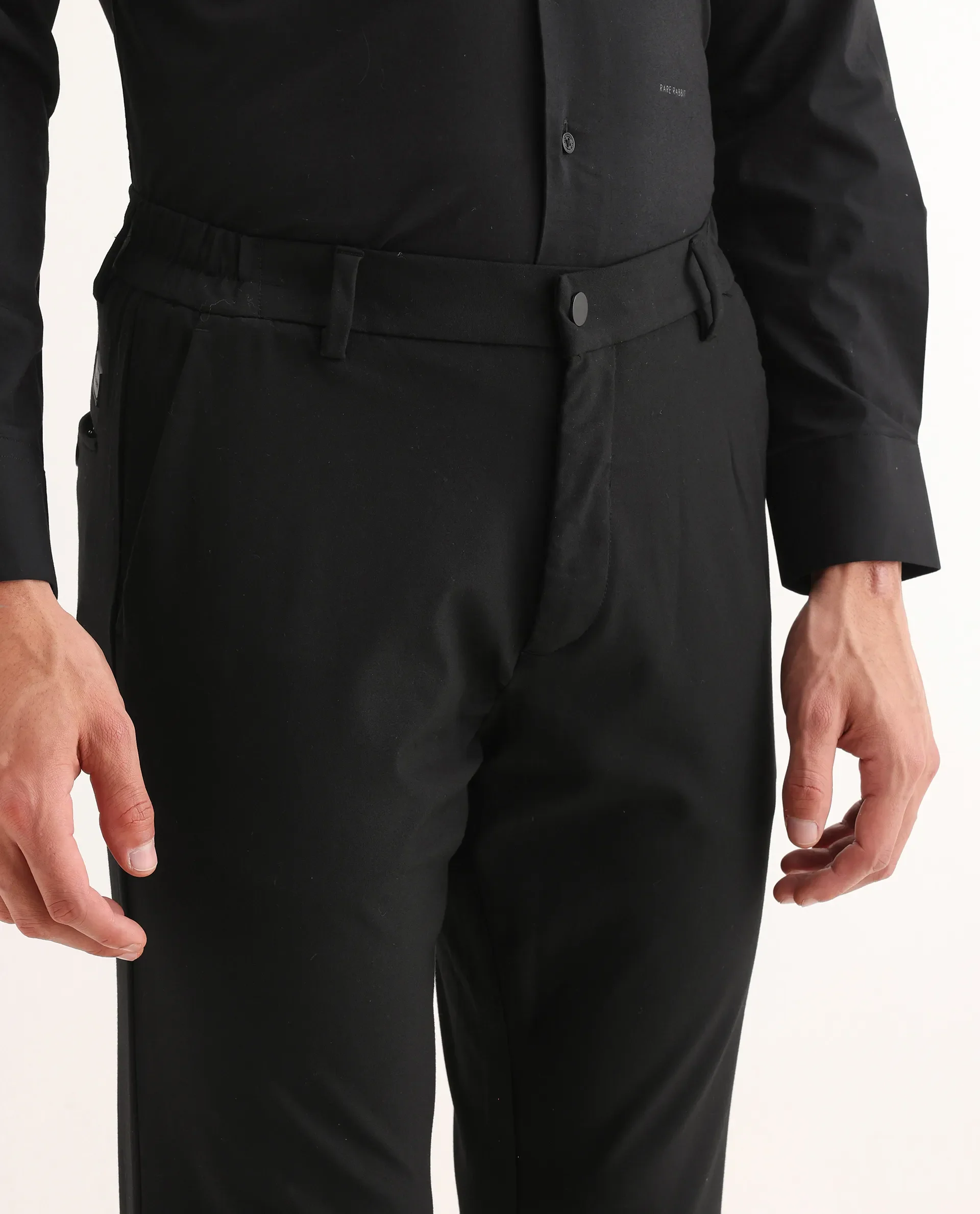 Rare Rabbit Men's Travel-11 Black Polyester Blend Plain Regular Fit Trouser - Image 3