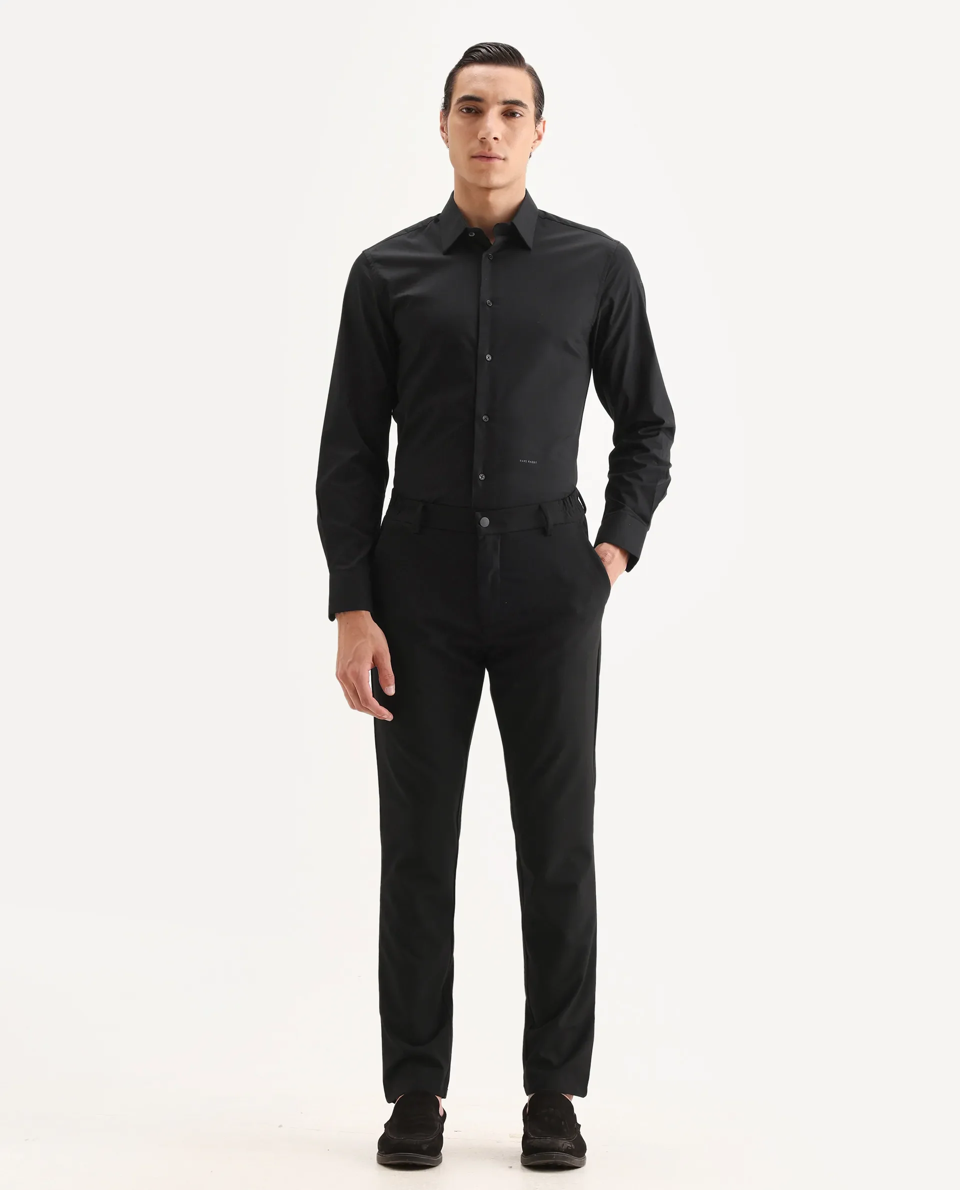 Rare Rabbit Men's Travel-11 Black Polyester Blend Plain Regular Fit Trouser - Image 4