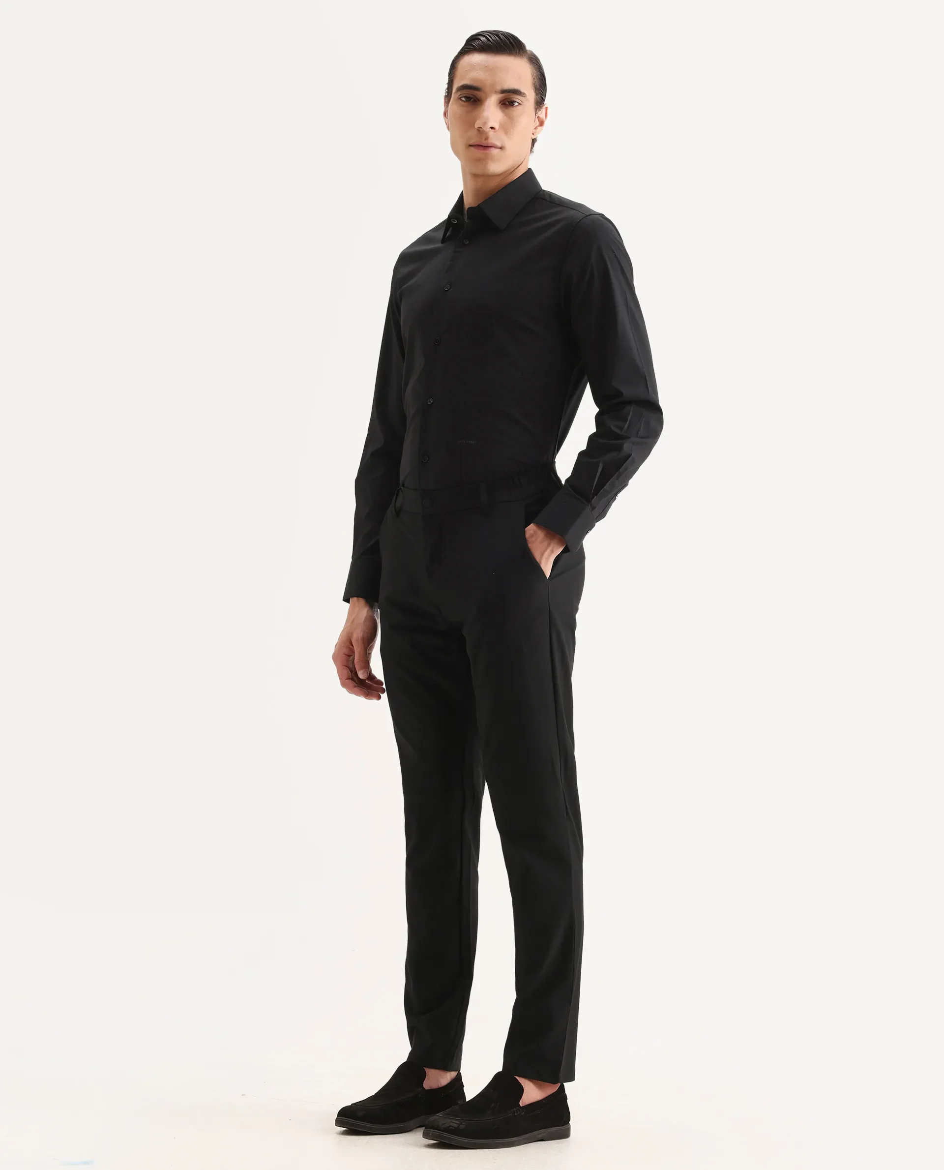 Rare Rabbit Men's Travel-11 Black Polyester Blend Plain Regular Fit Trouser - Image 5