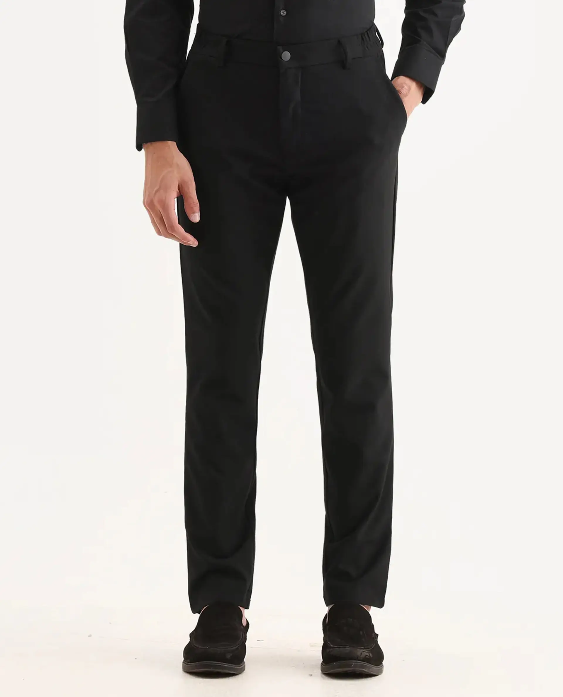 Rare Rabbit Men's Travel-11 Black Polyester Blend Plain Regular Fit Trouser - Image 8