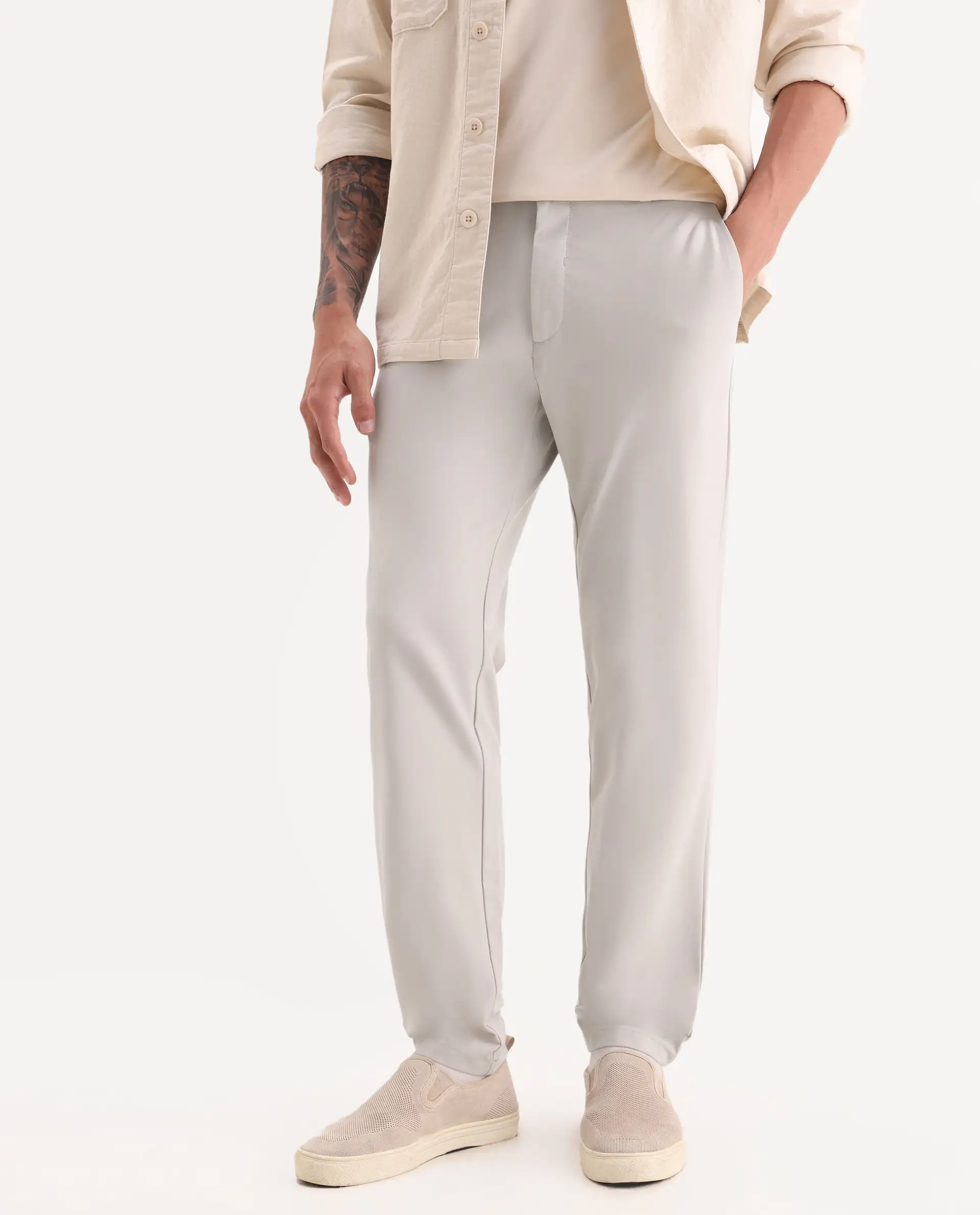 Rare Rabbit Men's Travel-11 Light Beige Polyester Blend Plain Regular Fit Trouser - Image 2
