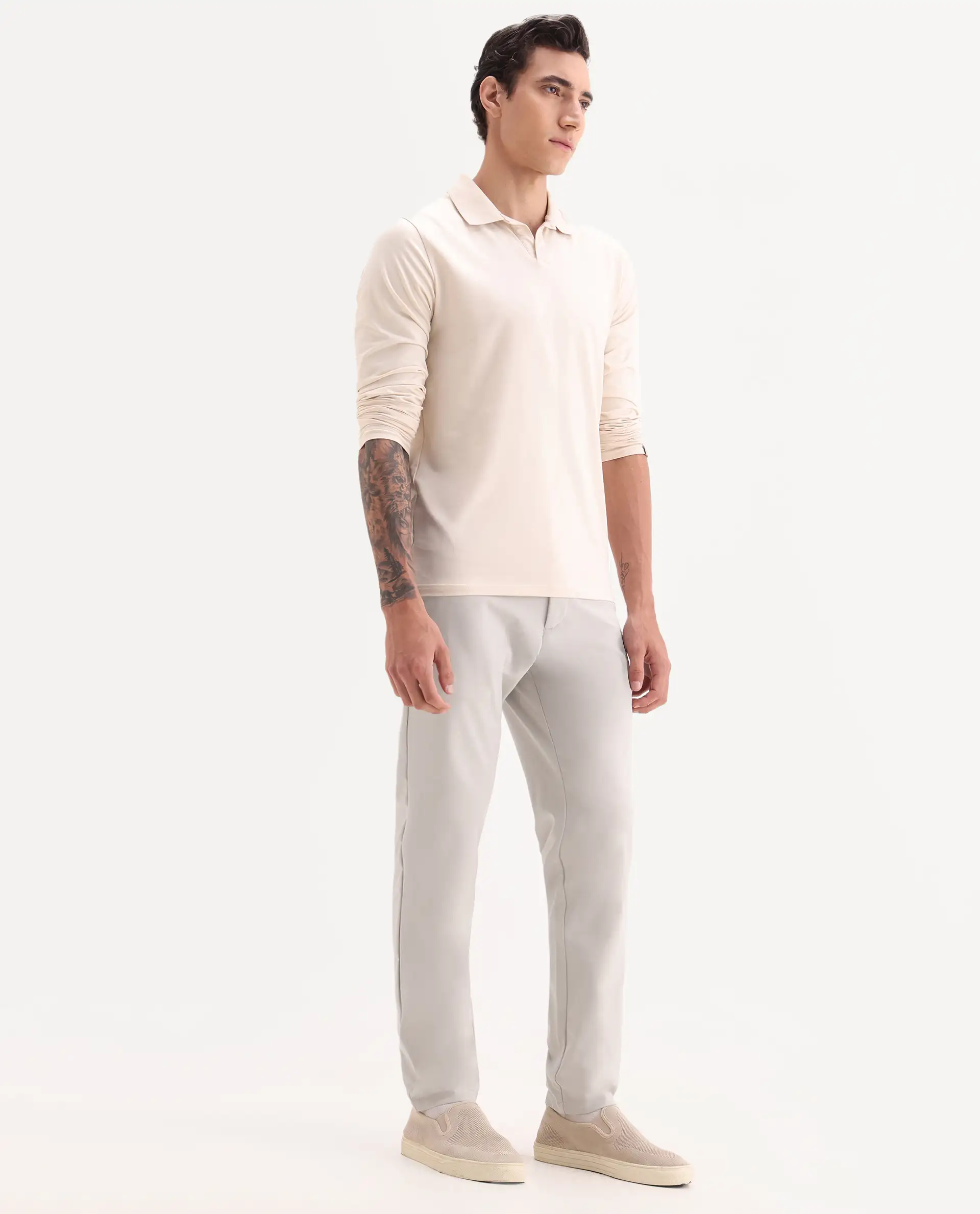 Rare Rabbit Men's Travel-11 Light Beige Polyester Blend Plain Regular Fit Trouser - Image 4