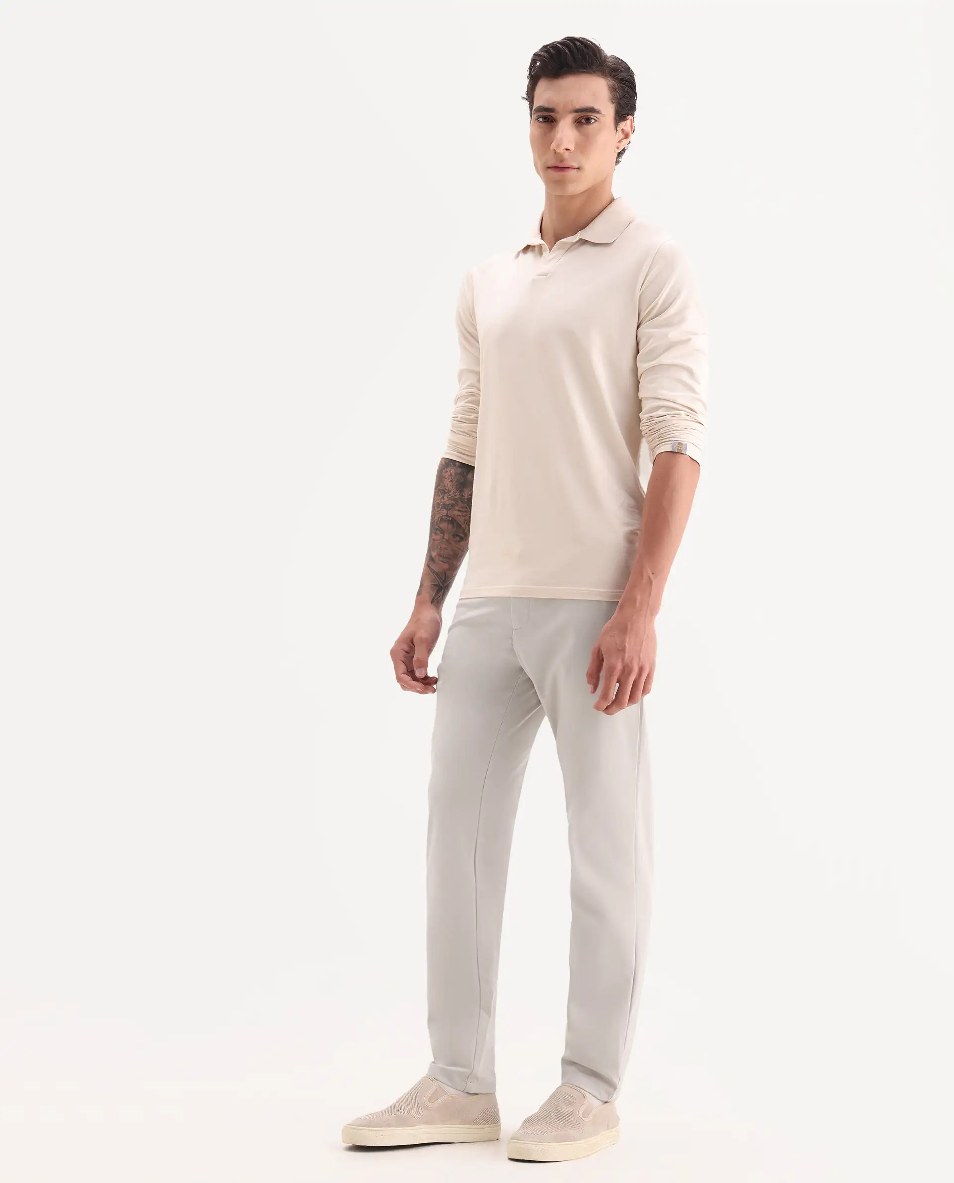 Rare Rabbit Men's Travel-11 Light Beige Polyester Blend Plain Regular Fit Trouser - Image 5