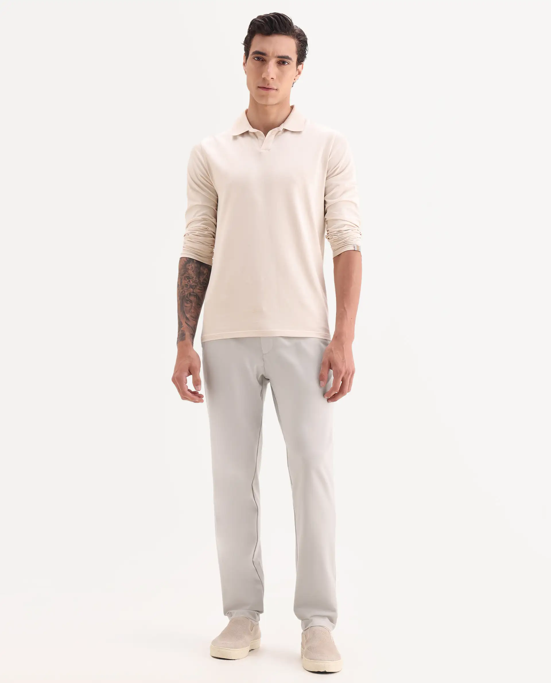 Rare Rabbit Men's Travel-11 Light Beige Polyester Blend Plain Regular Fit Trouser - Image 8