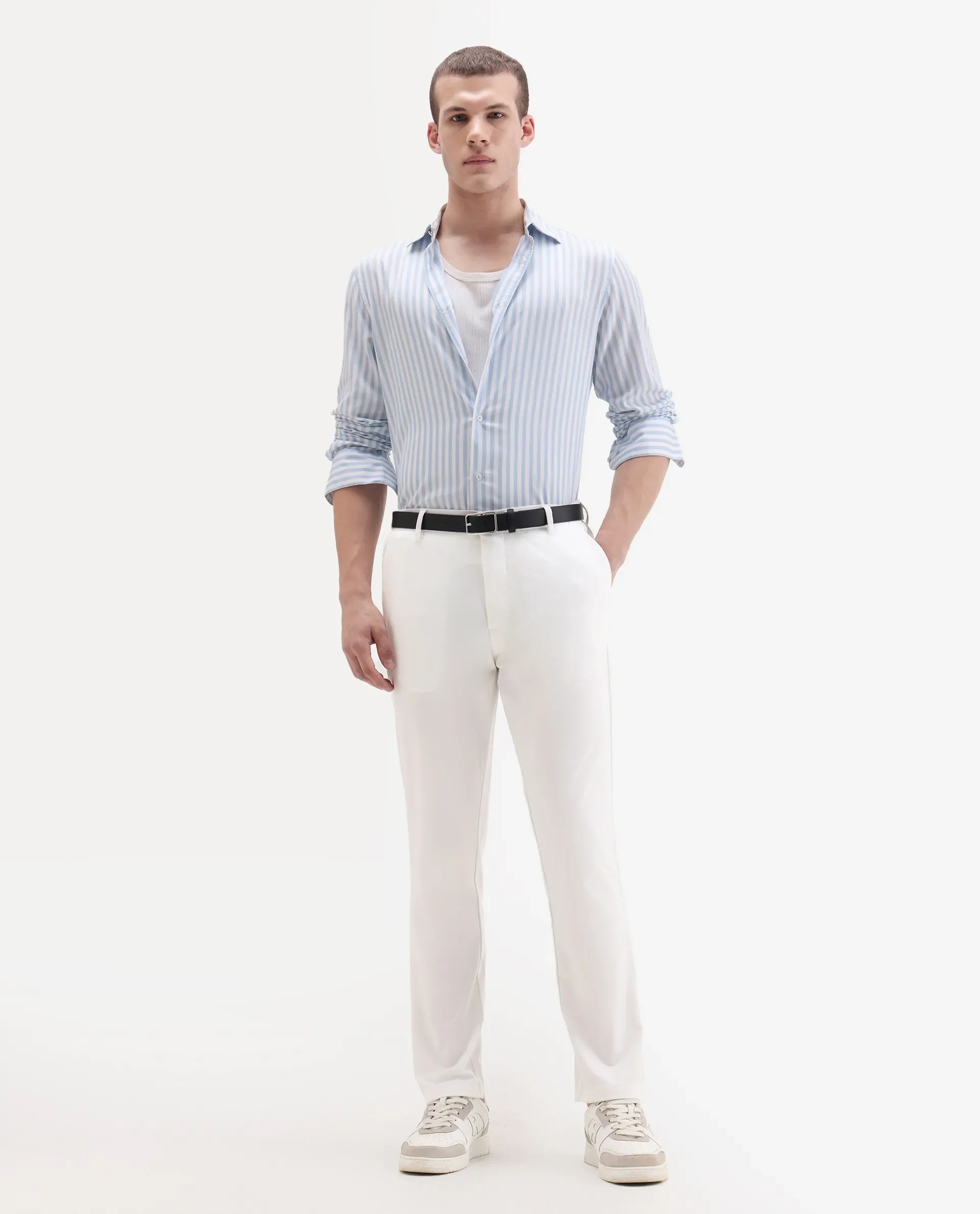 Rare Rabbit Men's Travel-11 White Polyester Blend Plain Regular Fit Trouser