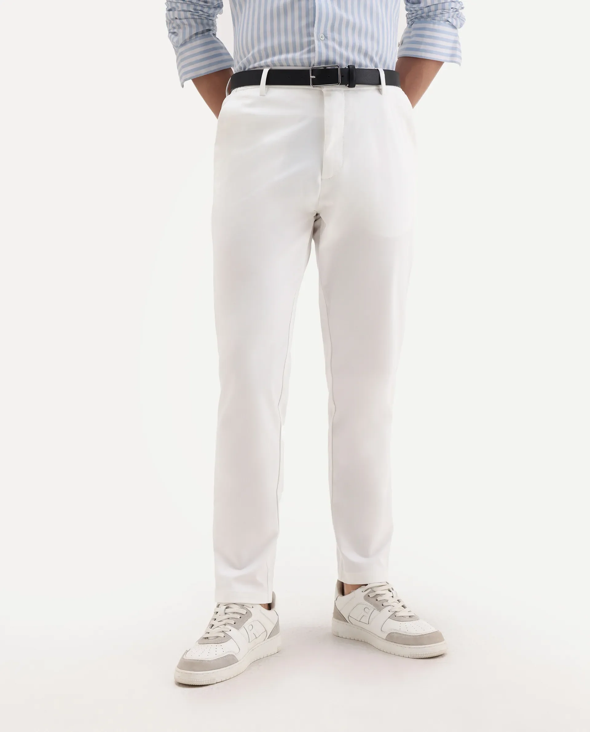 Rare Rabbit Men's Travel-11 White Polyester Blend Plain Regular Fit Trouser - Image 2