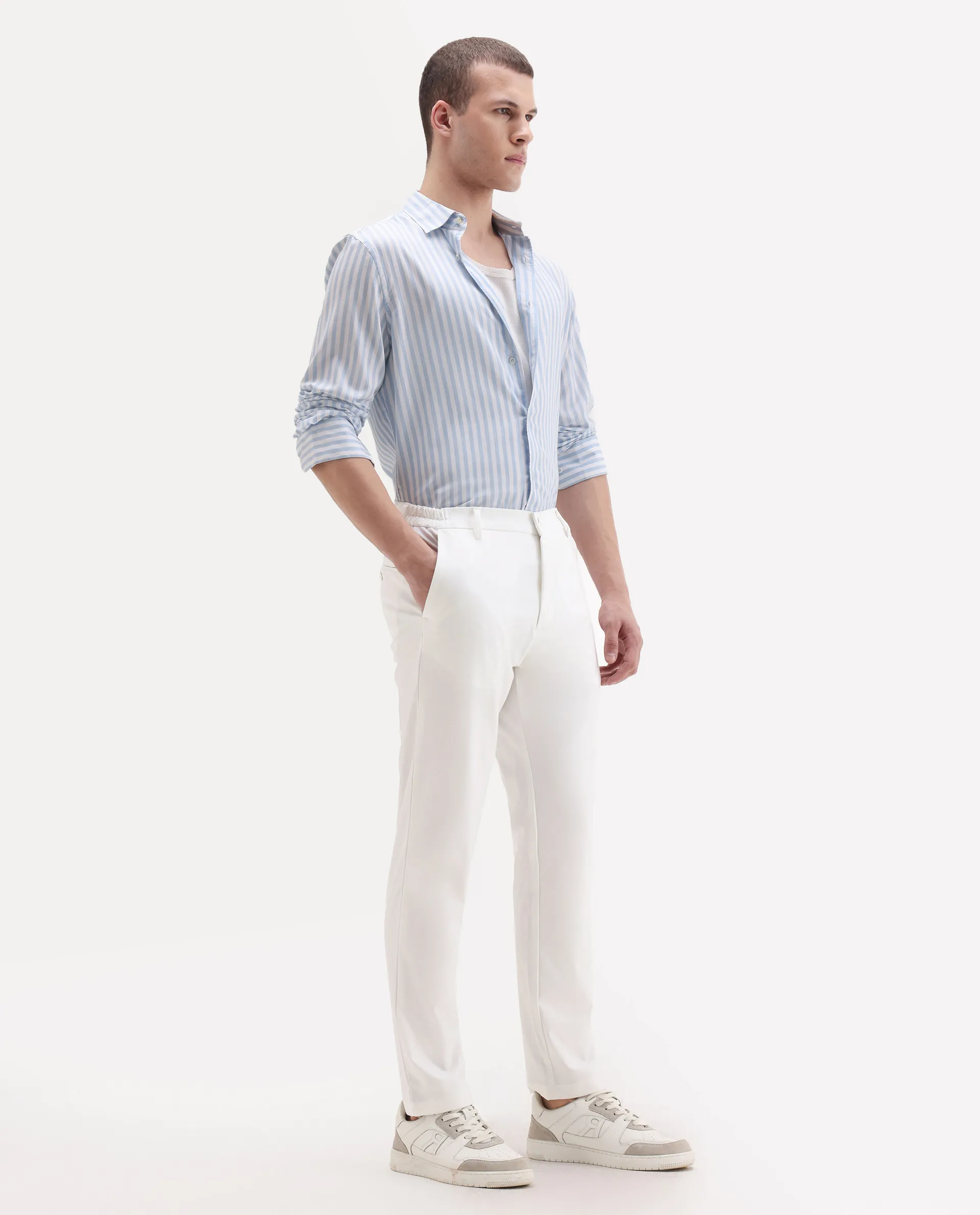 Rare Rabbit Men's Travel-11 White Polyester Blend Plain Regular Fit Trouser - Image 4
