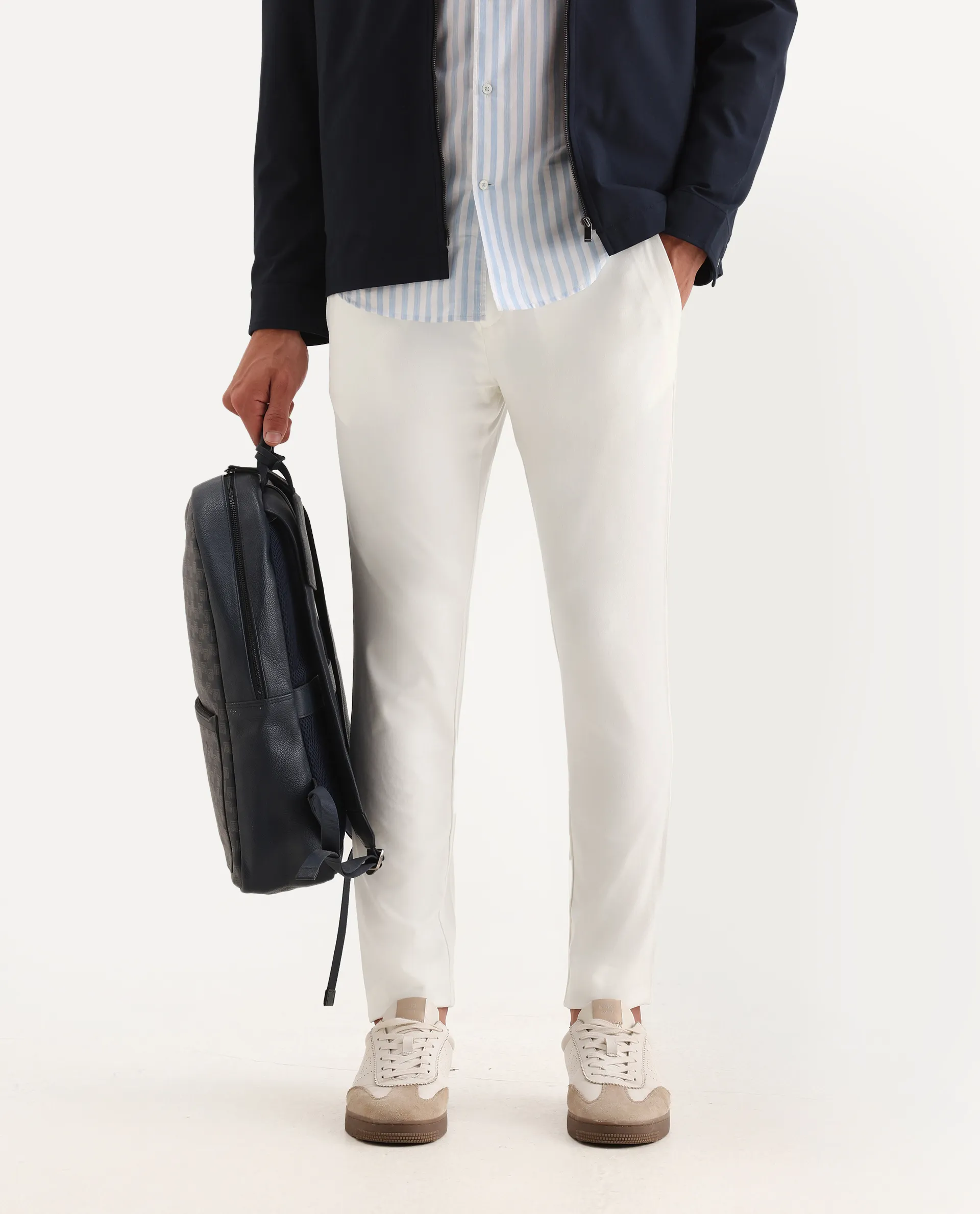 Rare Rabbit Men's Travel-2 White Solid Mid-Rise Slim Fit Stretch Trousers - Image 2