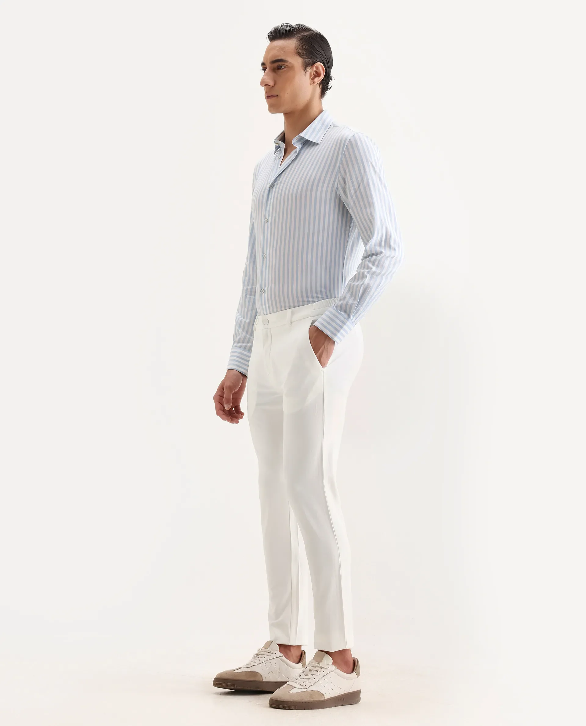 Rare Rabbit Men's Travel-2 White Solid Mid-Rise Slim Fit Stretch Trousers - Image 4