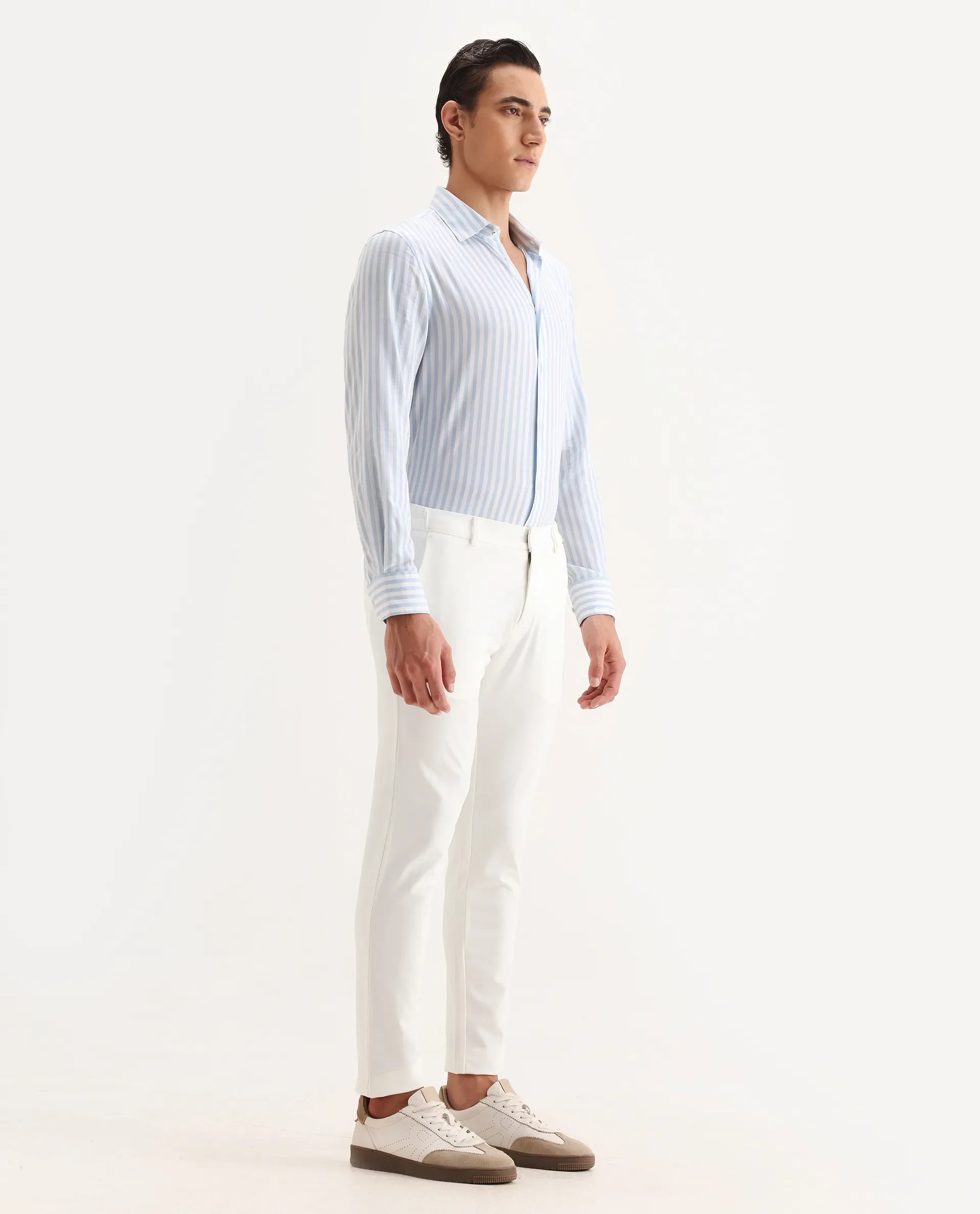Rare Rabbit Men's Travel-2 White Solid Mid-Rise Slim Fit Stretch Trousers - Image 5