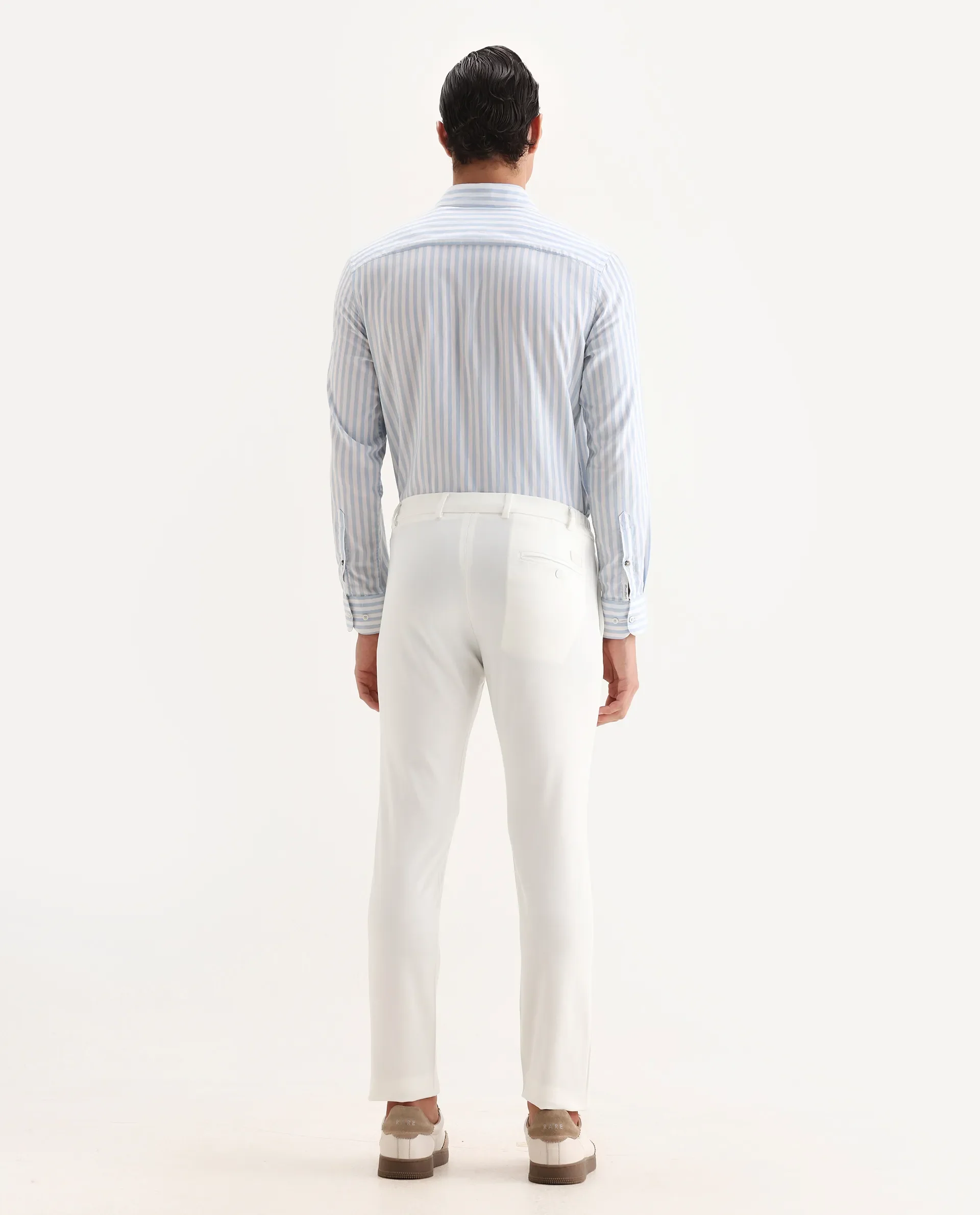 Rare Rabbit Men's Travel-2 White Solid Mid-Rise Slim Fit Stretch Trousers - Image 7