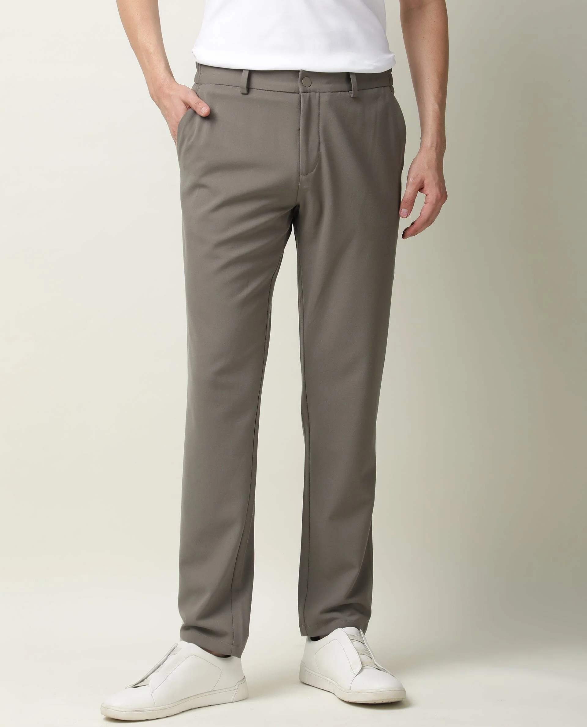 Rare Rabbit Men's Travel-2 Beige Solid Mid-Rise Slim Fit Stretch Trousers - Image 2