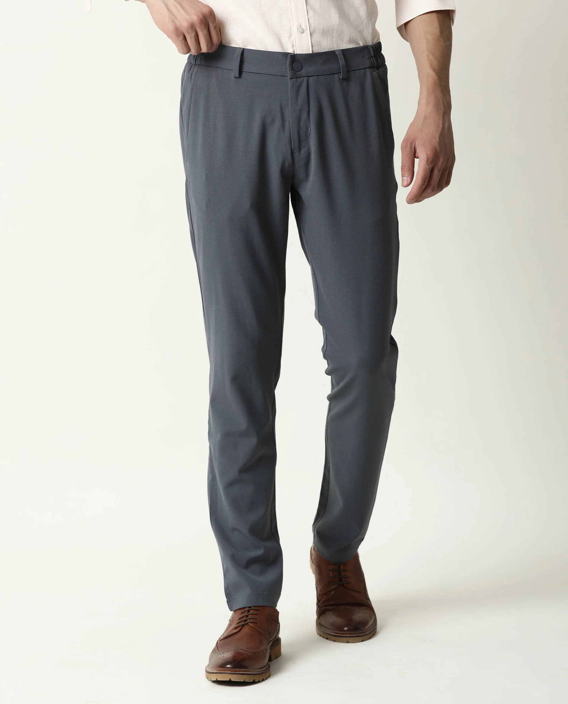 Rare Rabbit Men's Travel-2 Grey Solid Mid-Rise Slim Fit Stretch Trousers