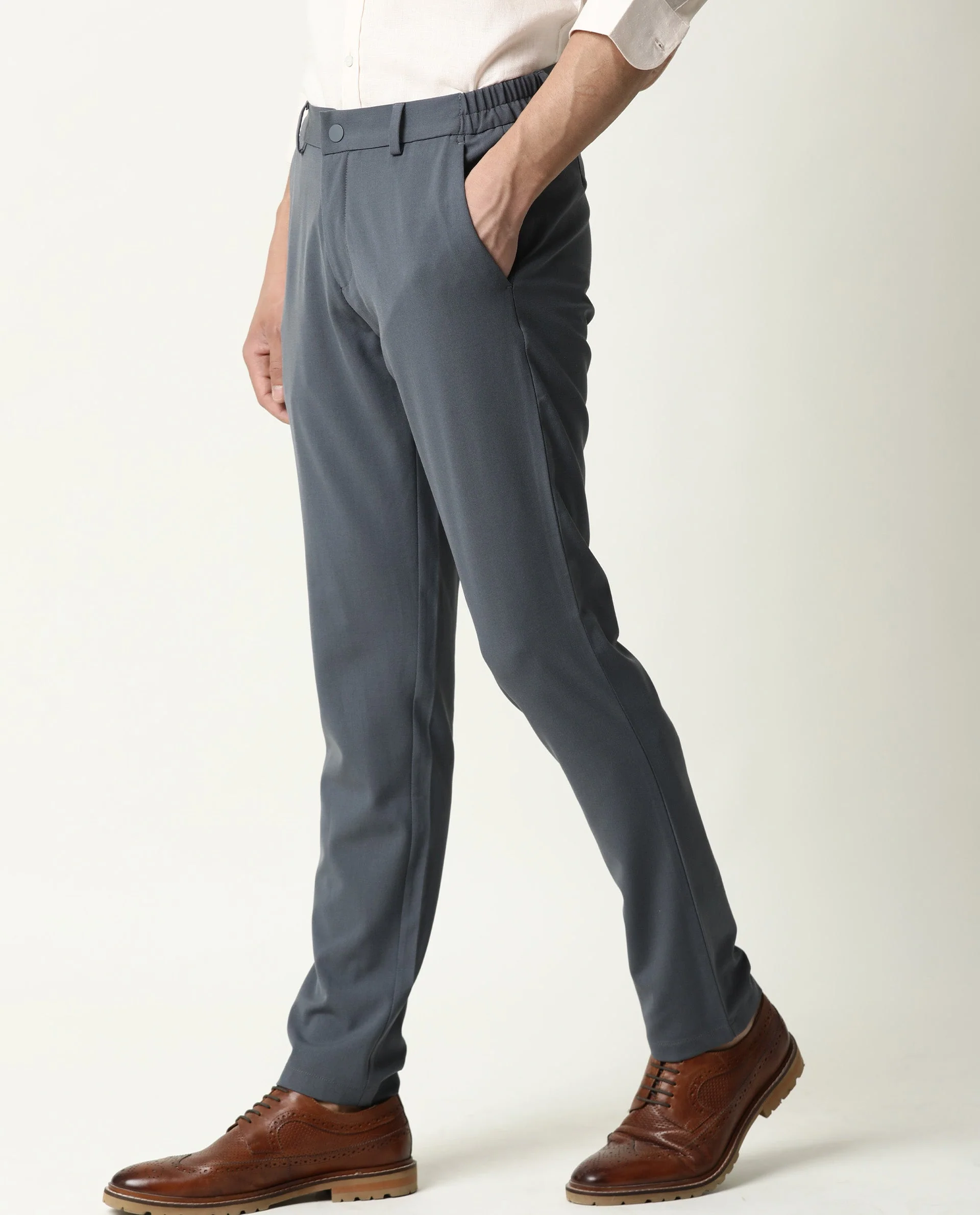 Rare Rabbit Men's Travel-2 Grey Solid Mid-Rise Slim Fit Stretch Trousers - Image 2