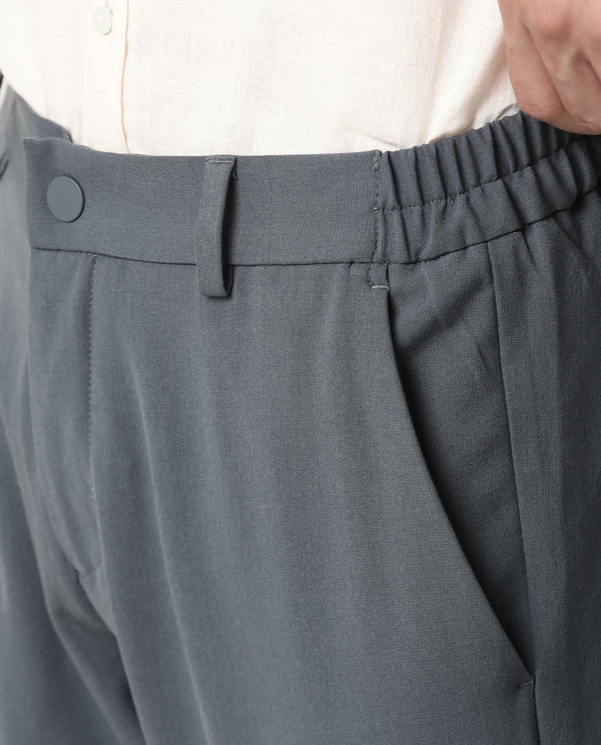 Rare Rabbit Men's Travel-2 Grey Solid Mid-Rise Slim Fit Stretch Trousers - Image 3