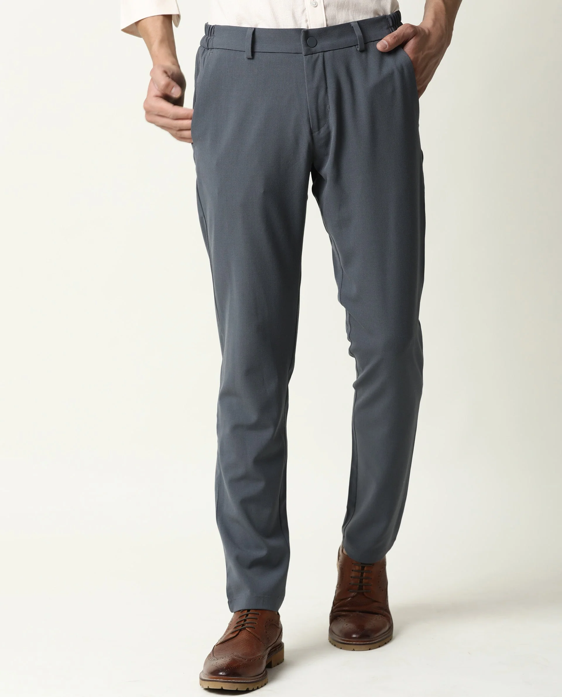 Rare Rabbit Men's Travel-2 Grey Solid Mid-Rise Slim Fit Stretch Trousers - Image 4