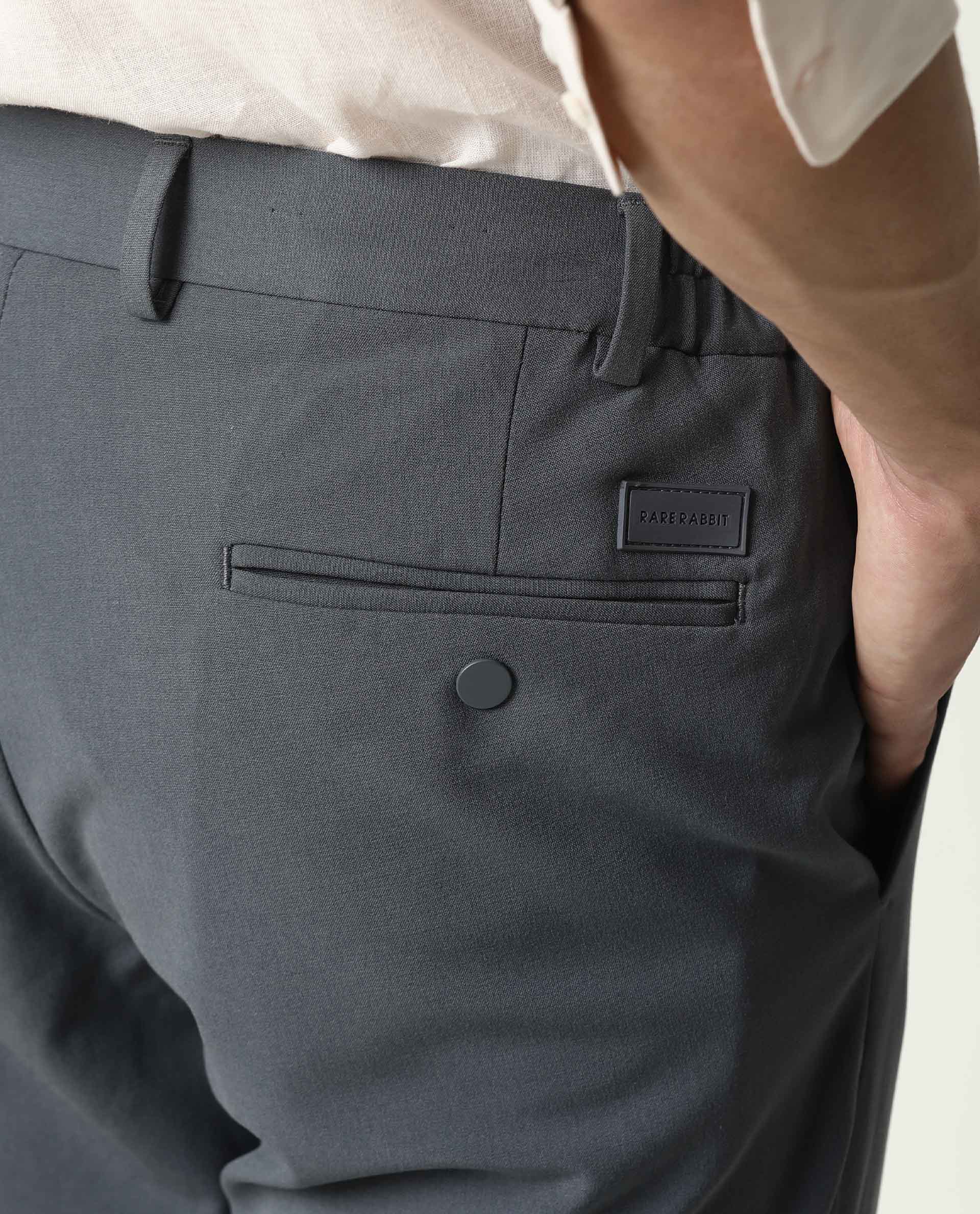 Rare Rabbit Men's Travel-2 Grey Solid Mid-Rise Slim Fit Stretch Trousers - Image 5