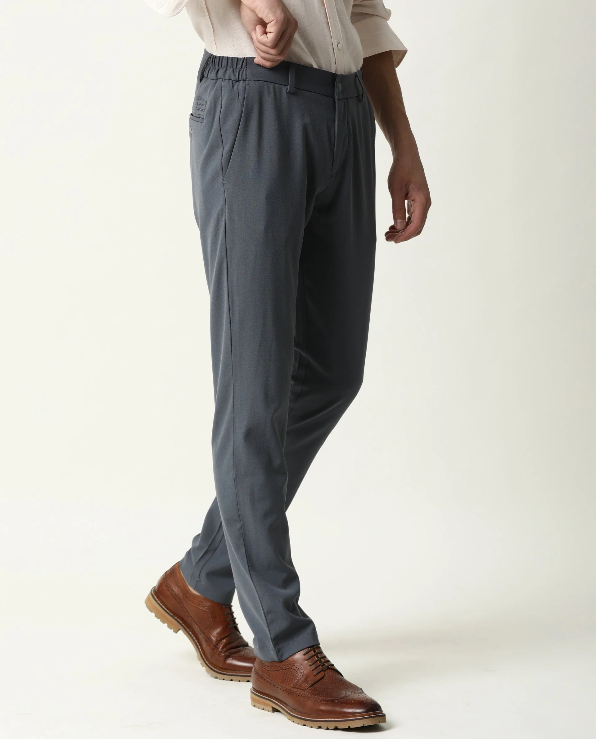 Rare Rabbit Men's Travel-2 Grey Solid Mid-Rise Slim Fit Stretch Trousers - Image 6