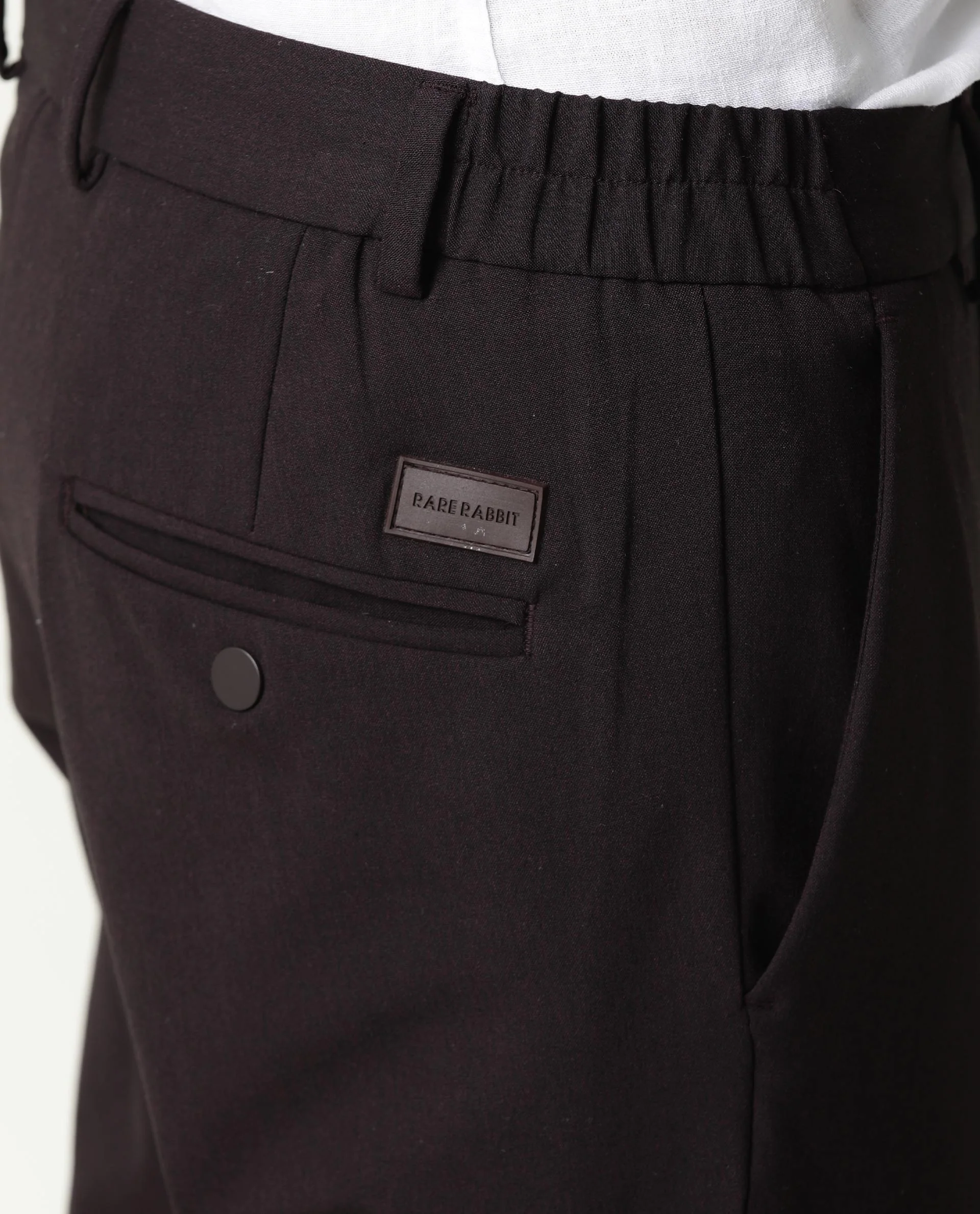 Rare Rabbit Men's Travel-2 Maroon Solid Mid-Rise Slim Fit Stretch Trousers - Image 3