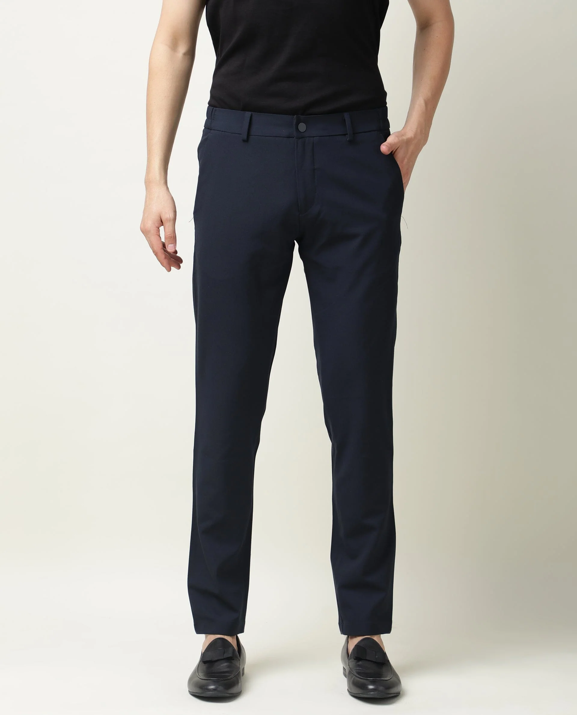 Rare Rabbit Mens Travel-2 Navy Trouser Polyester Fabric Slim Fit Mid Rise Waist Button & Zip Closure - Image 2