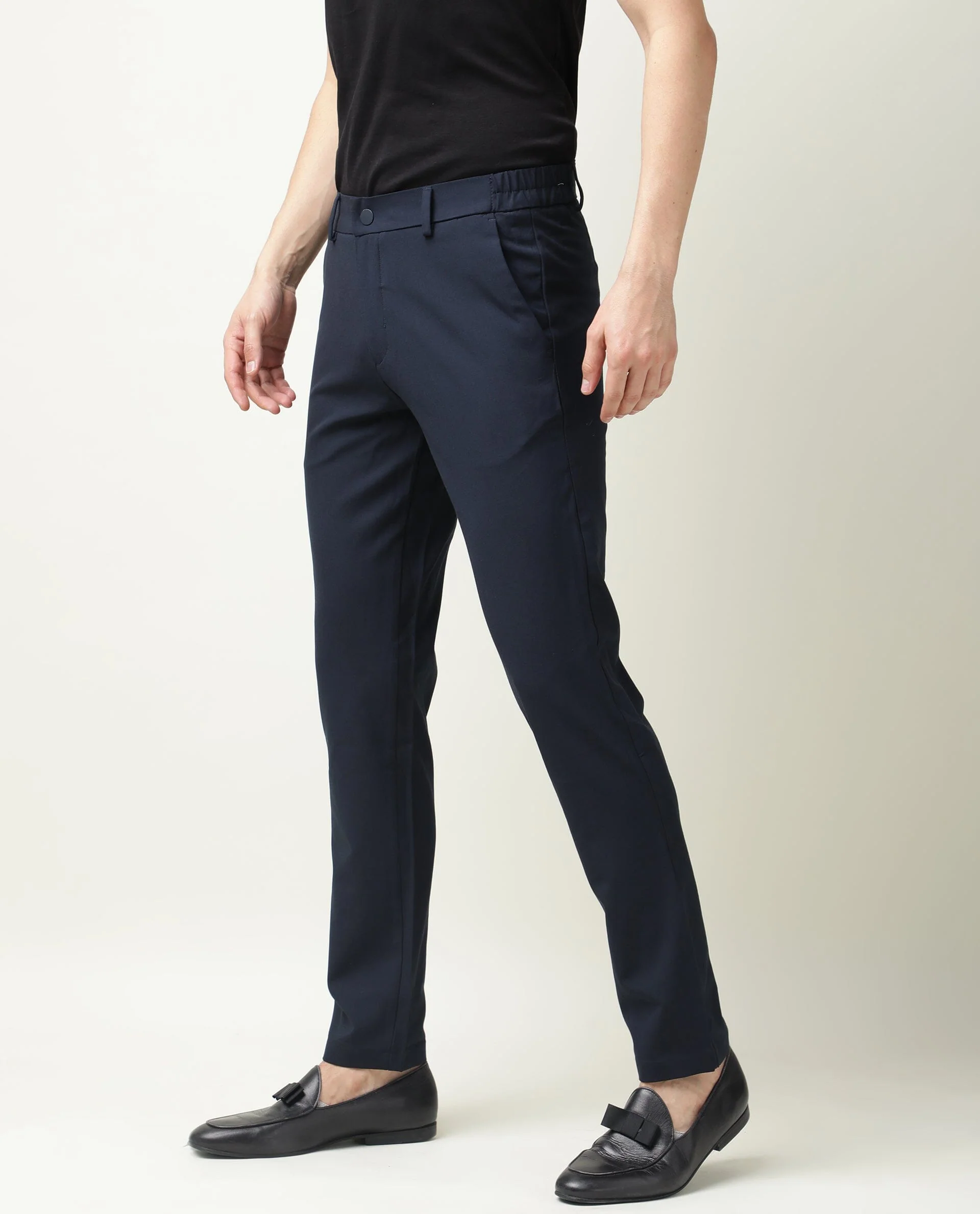 Rare Rabbit Mens Travel-2 Navy Trouser Polyester Fabric Slim Fit Mid Rise Waist Button & Zip Closure - Image 3