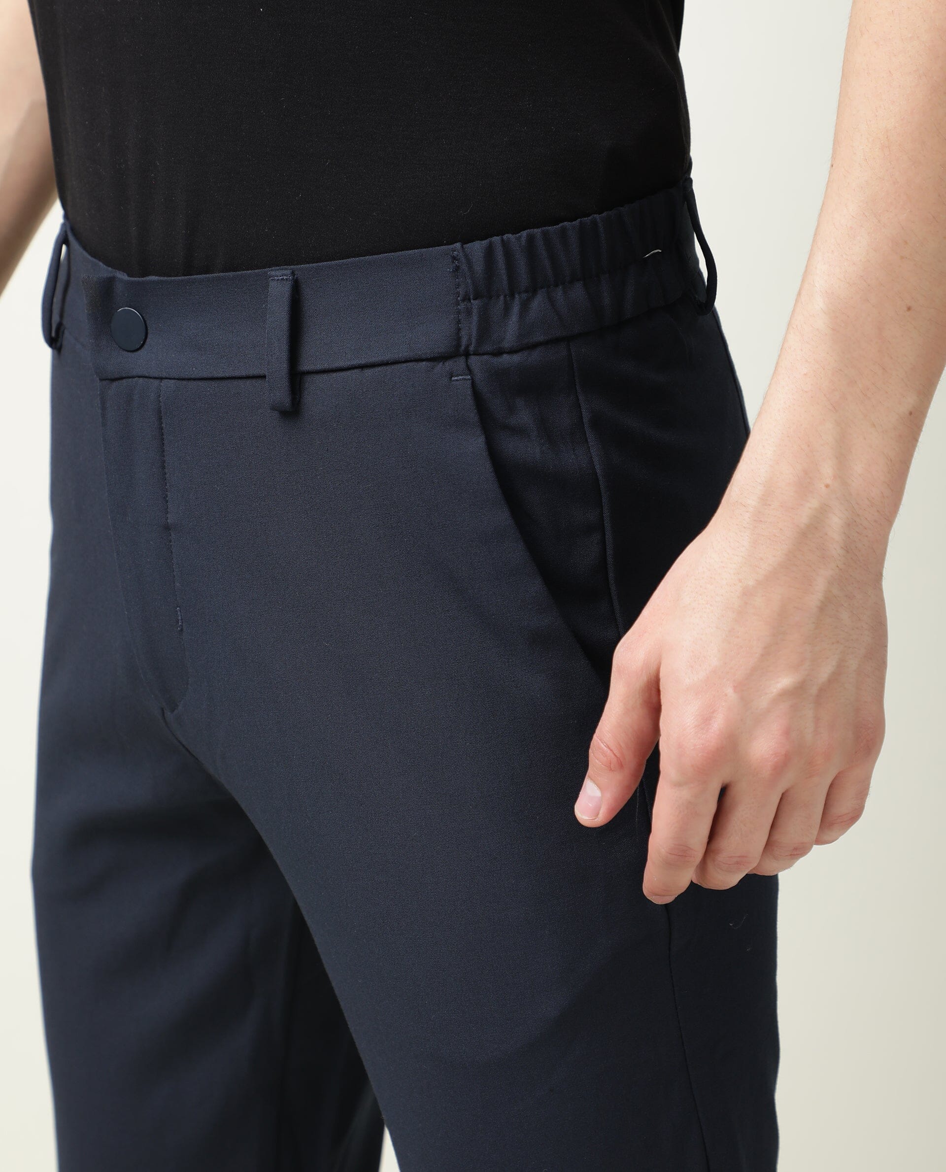 Rare Rabbit Mens Travel-2 Navy Trouser Polyester Fabric Slim Fit Mid Rise Waist Button & Zip Closure - Image 4
