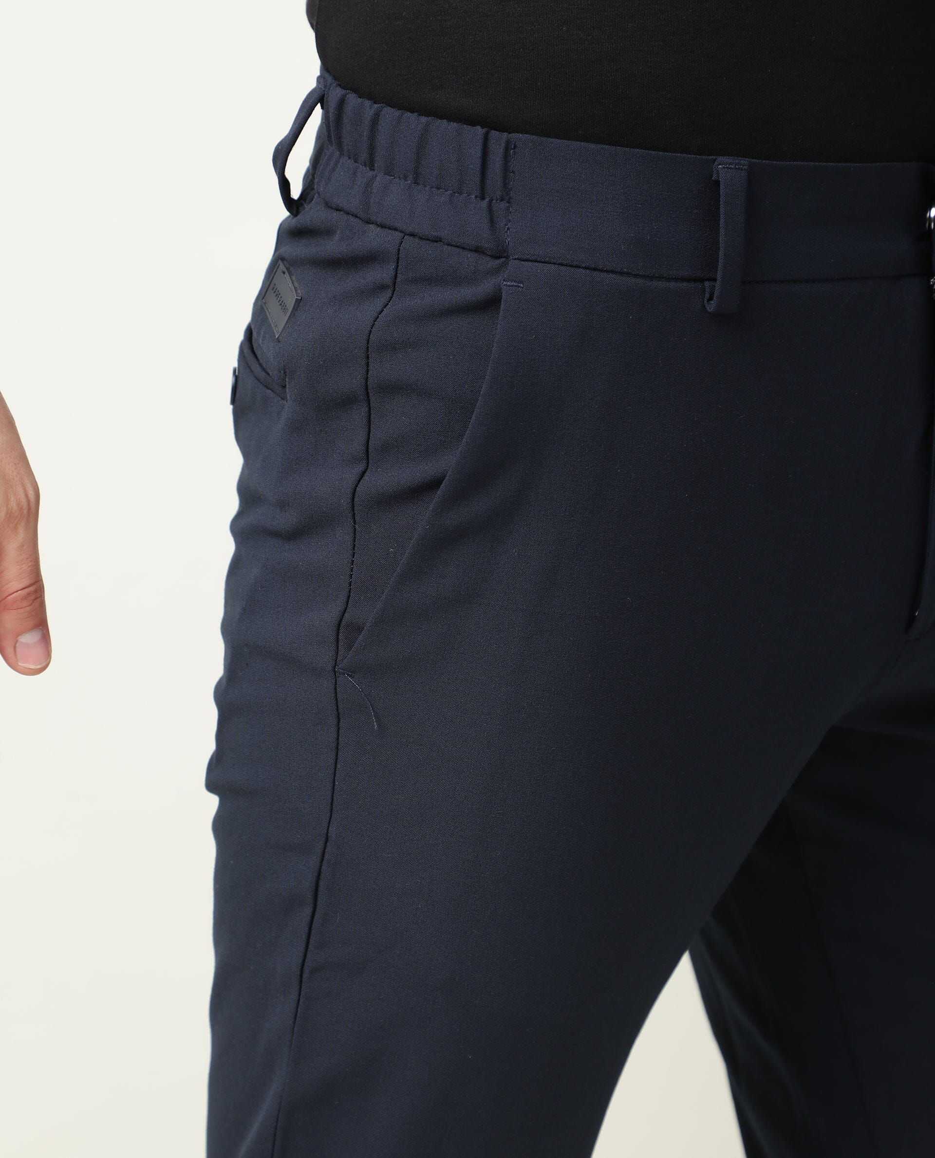 Rare Rabbit Mens Travel-2 Navy Trouser Polyester Fabric Slim Fit Mid Rise Waist Button & Zip Closure - Image 6