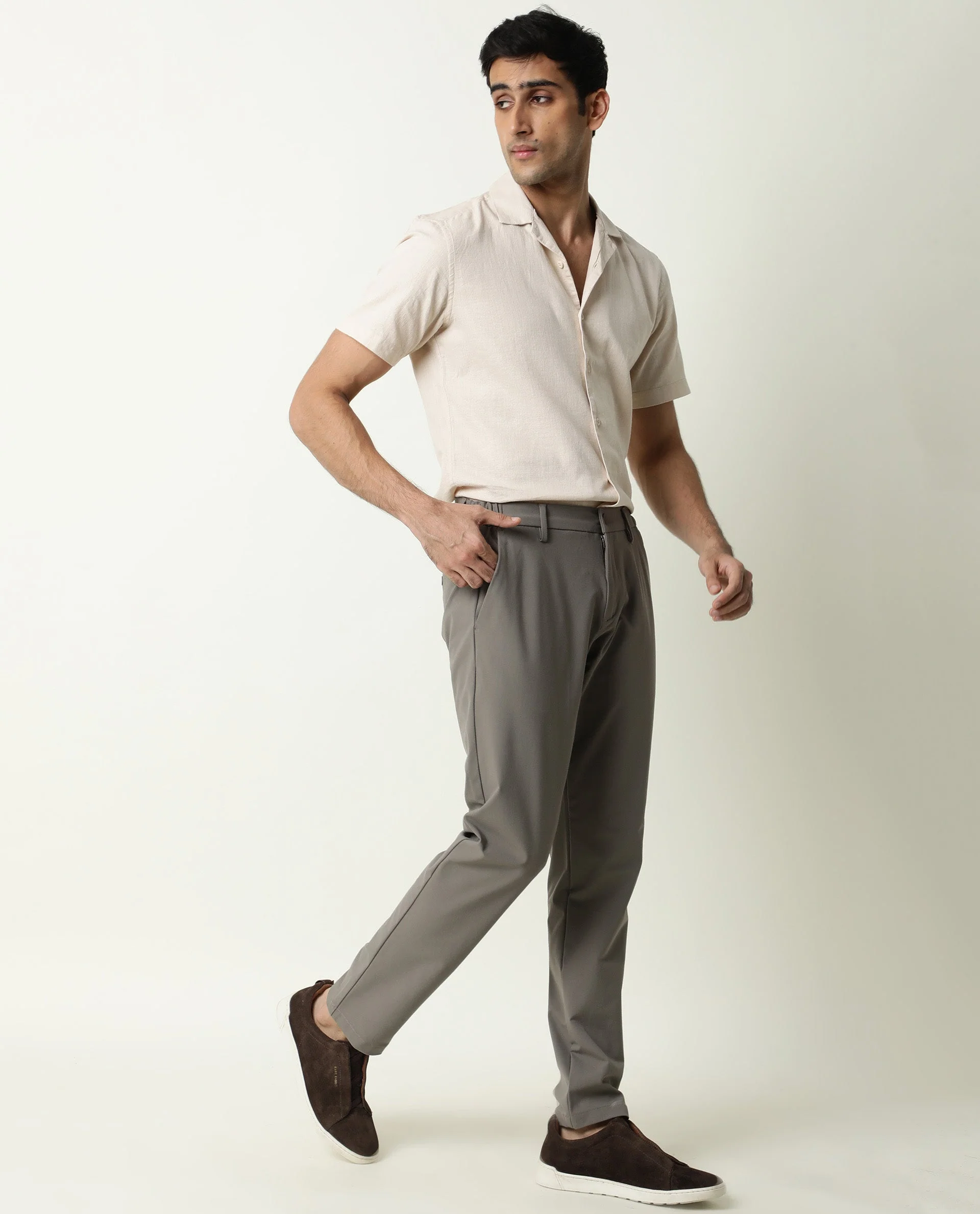 Rare Rabbit Men's Travel-22 Khaki Trouser Polyester Viscose Fabric Button & Zip Closure Slim Fit