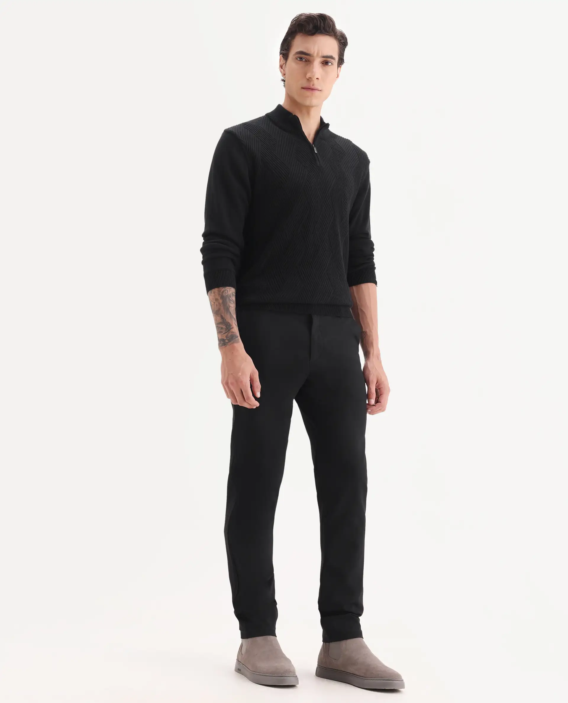 Rare Rabbit Men's Travel-24 Black Poly Viscose Lycra Fabric Blend Solid Trousers - Image 4