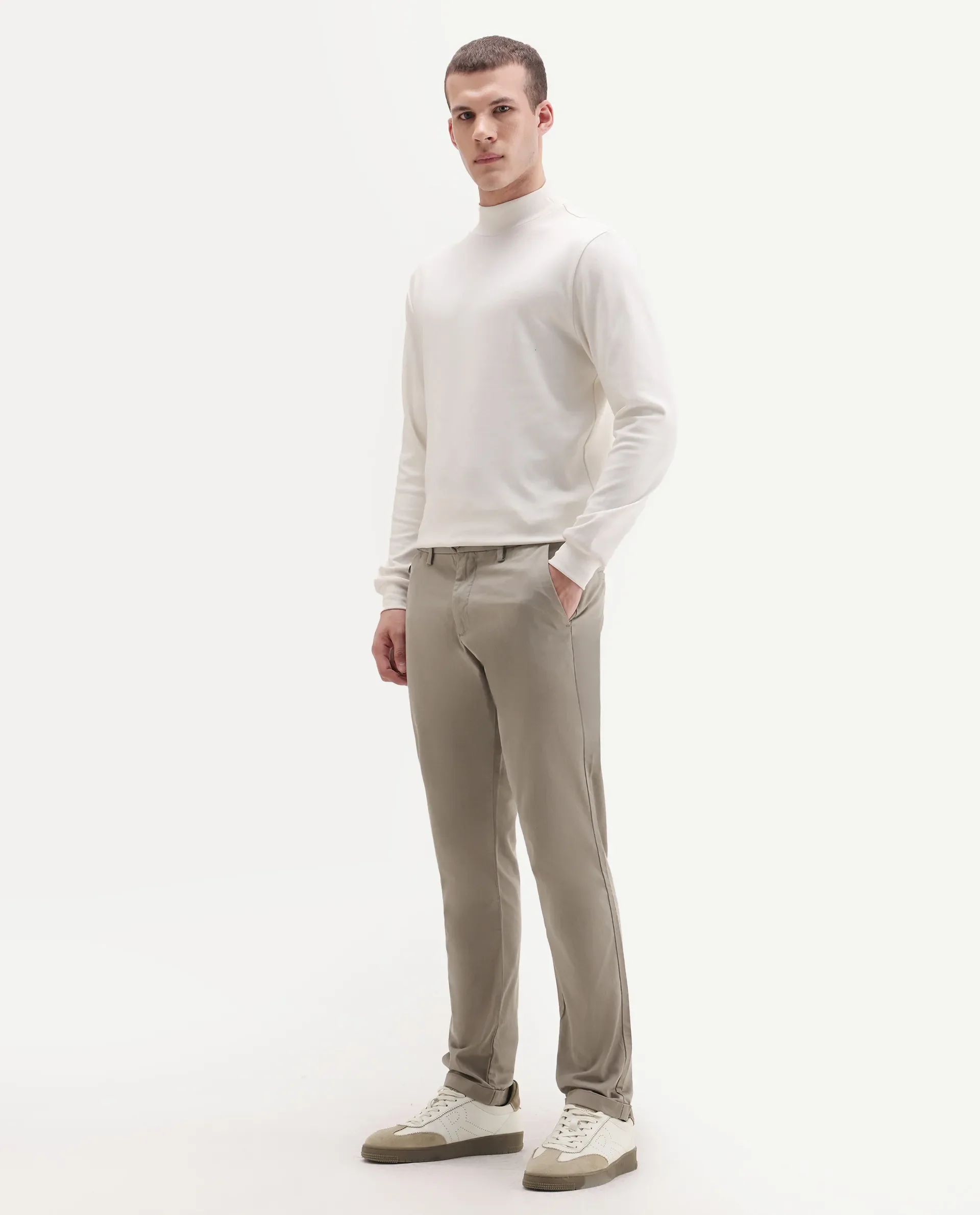 Rare Rabbit Men's Travel-24 Dark Beige Poly Viscose Lycra Fabric Blend Regular Fit Solid Trousers - Image 4