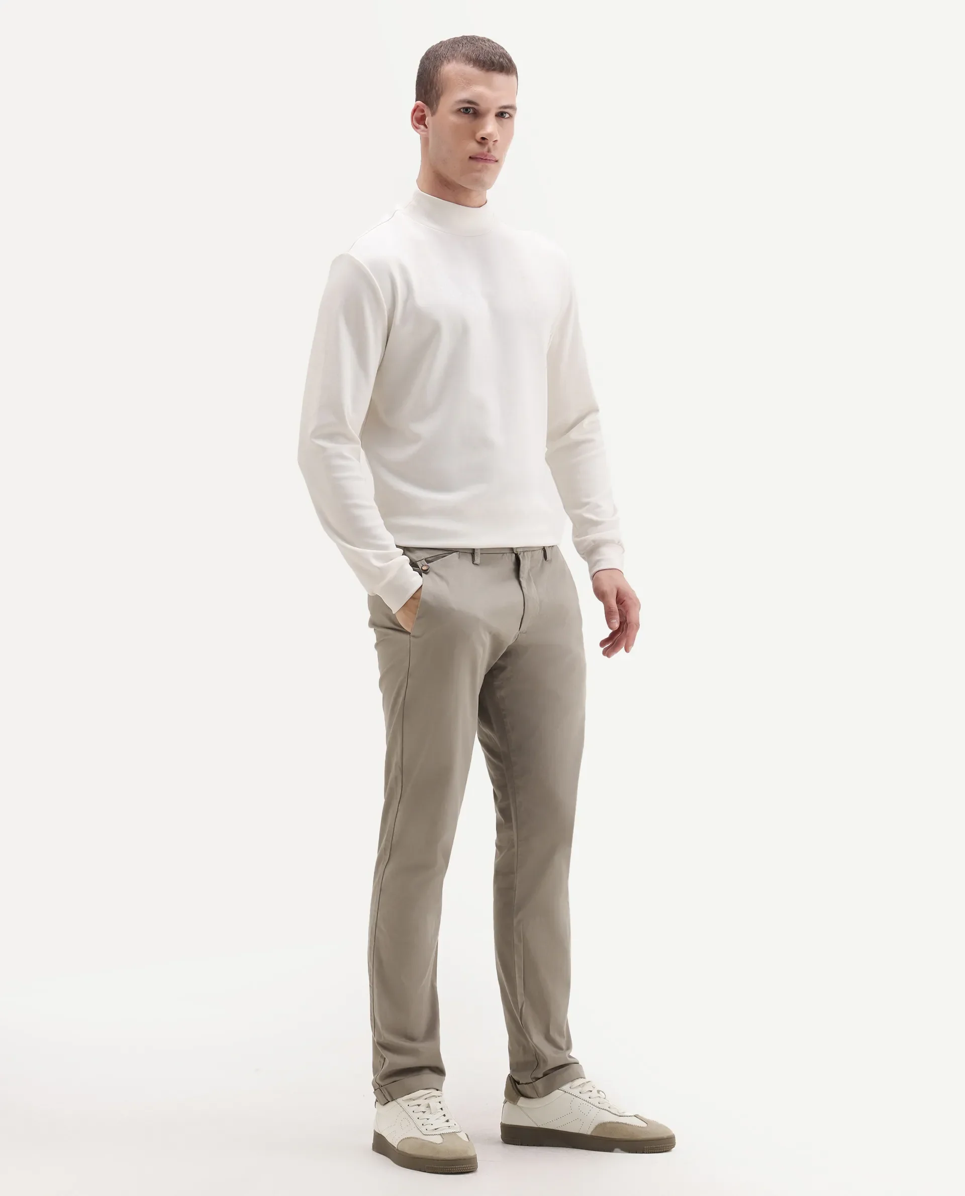 Rare Rabbit Men's Travel-24 Dark Beige Poly Viscose Lycra Fabric Blend Regular Fit Solid Trousers - Image 5