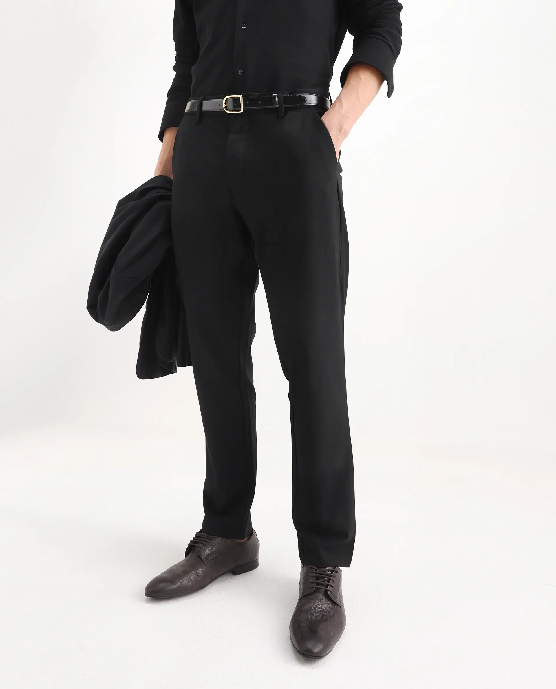 Rare Rabbit Men's Travel-25 Black Polyester Blend Plain Regular Fit Trouser - Image 2