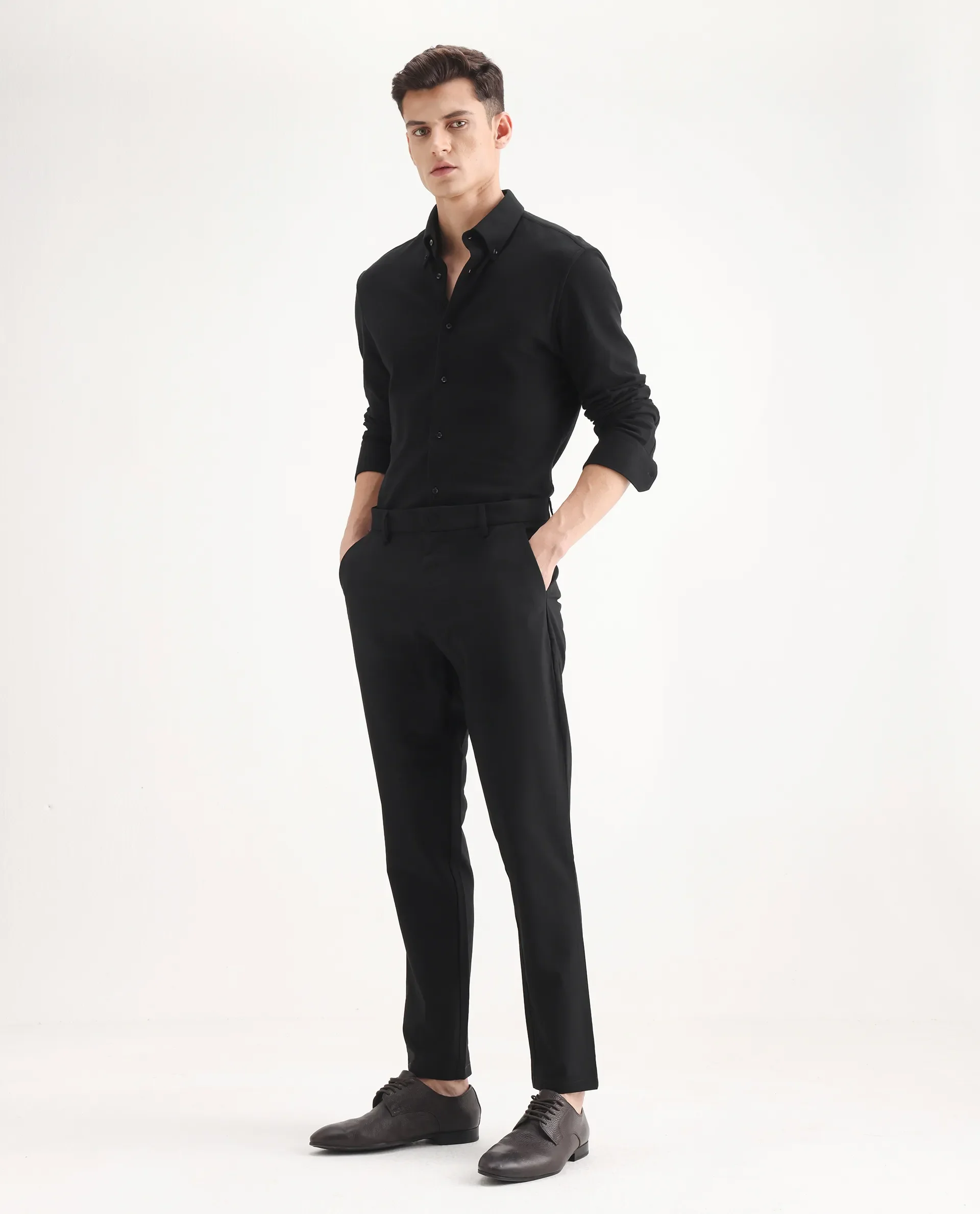 Rare Rabbit Men's Travel-25 Black Polyester Blend Plain Regular Fit Trouser - Image 4
