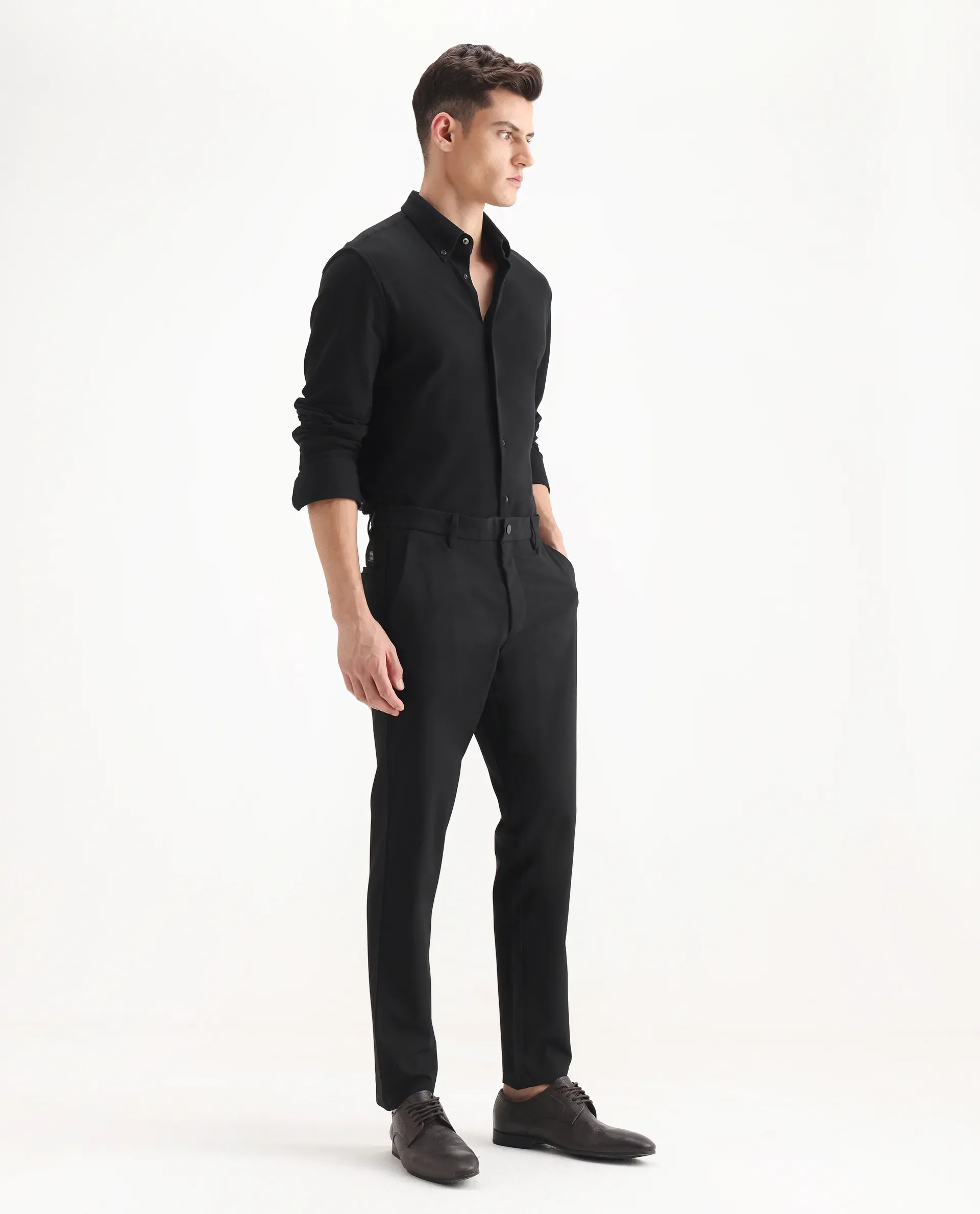 Rare Rabbit Men's Travel-25 Black Polyester Blend Plain Regular Fit Trouser - Image 5