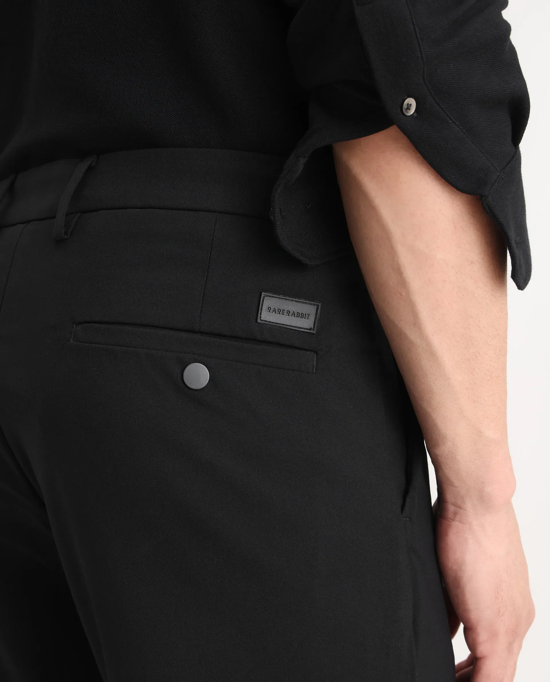 Rare Rabbit Men's Travel-25 Black Polyester Blend Plain Regular Fit Trouser - Image 6