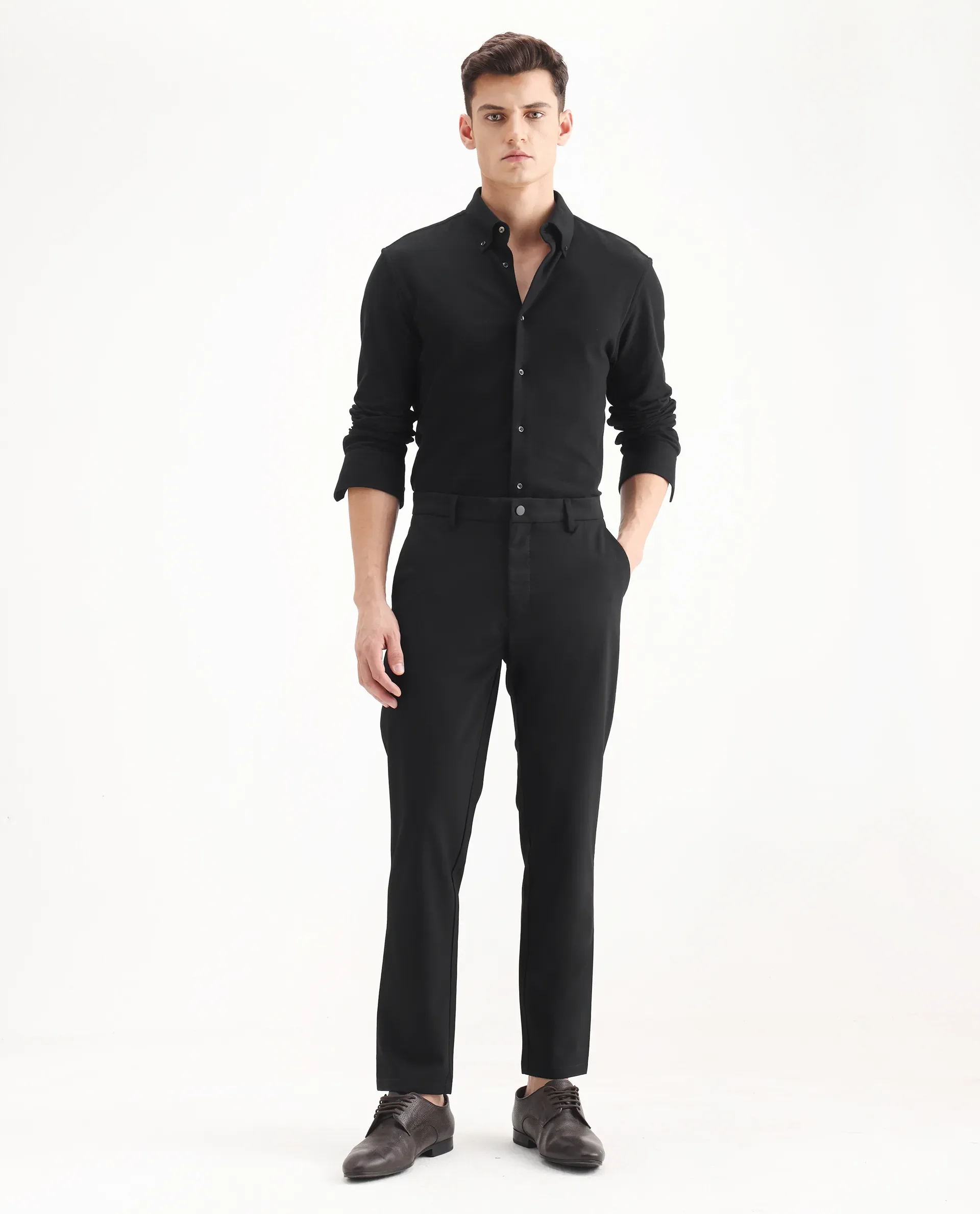 Rare Rabbit Men's Travel-25 Black Polyester Blend Plain Regular Fit Trouser - Image 7