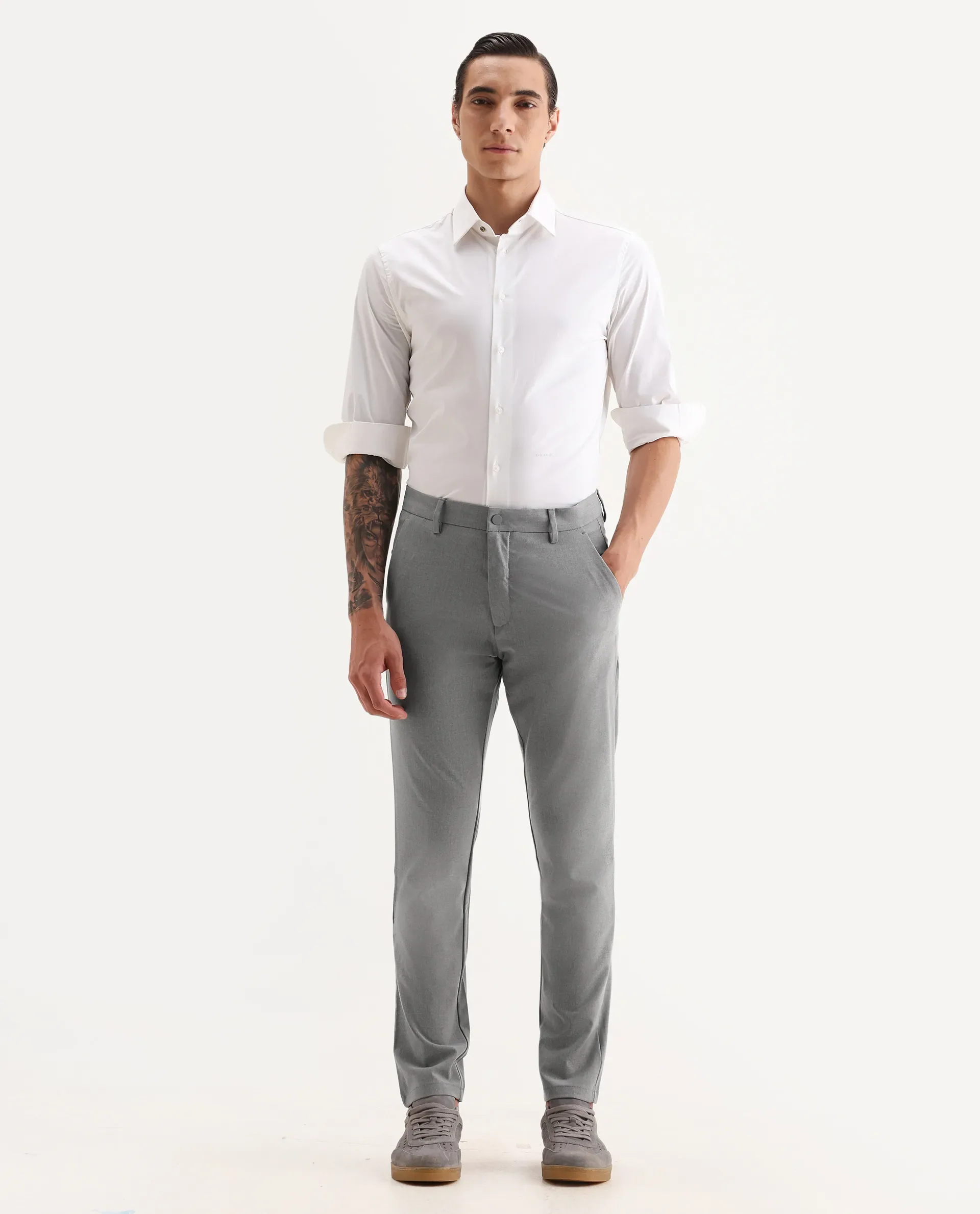 Rare Rabbit Men's Travel-25 Grey Polyester Blend Plain Regular Fit Trouser - Image 3