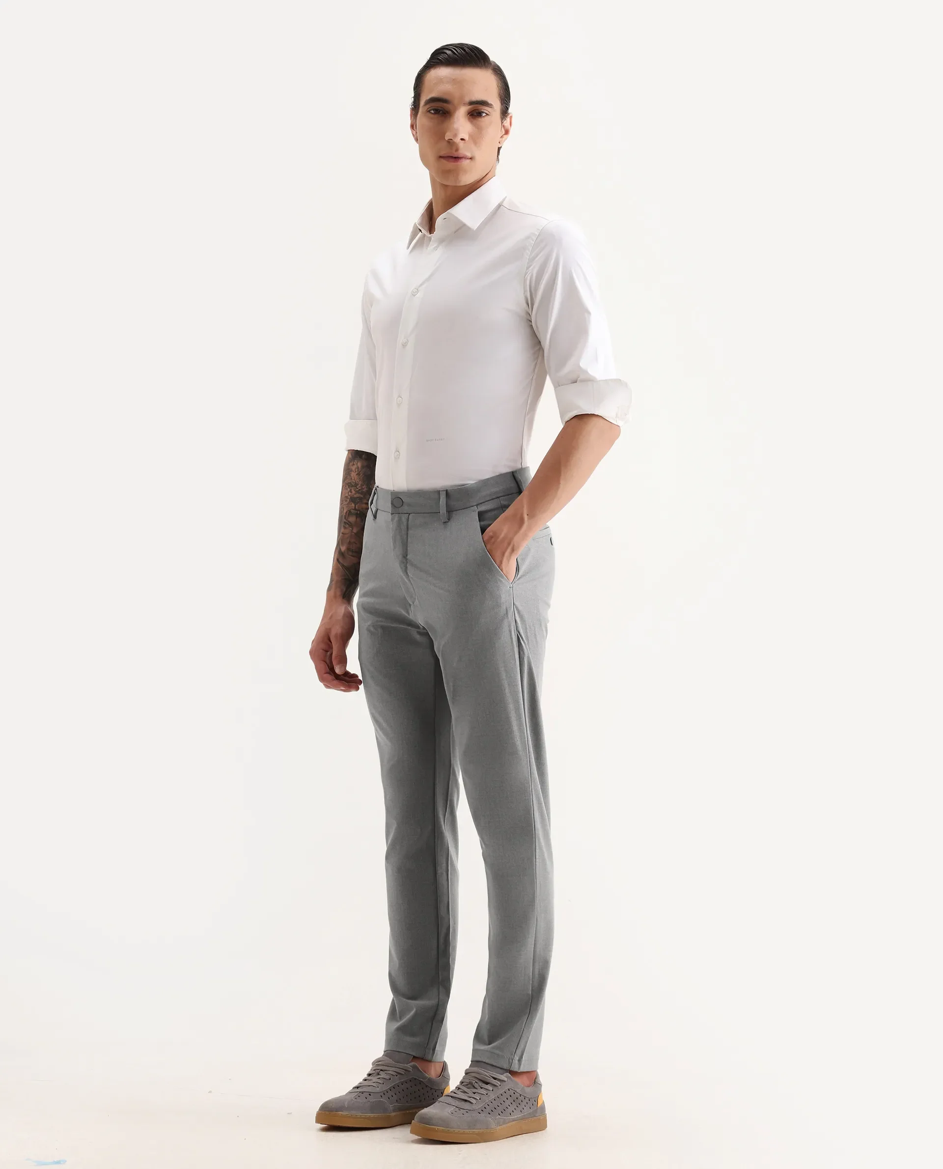 Rare Rabbit Men's Travel-25 Grey Polyester Blend Plain Regular Fit Trouser - Image 4