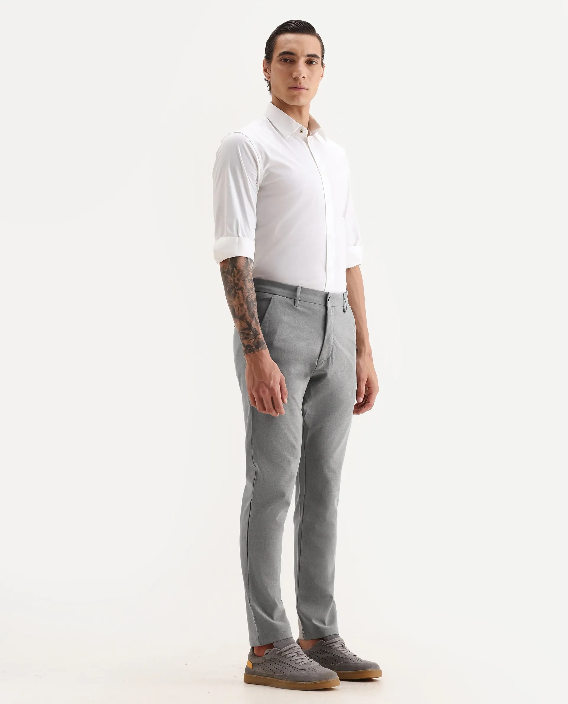 Rare Rabbit Men's Travel-25 Grey Polyester Blend Plain Regular Fit Trouser - Image 5