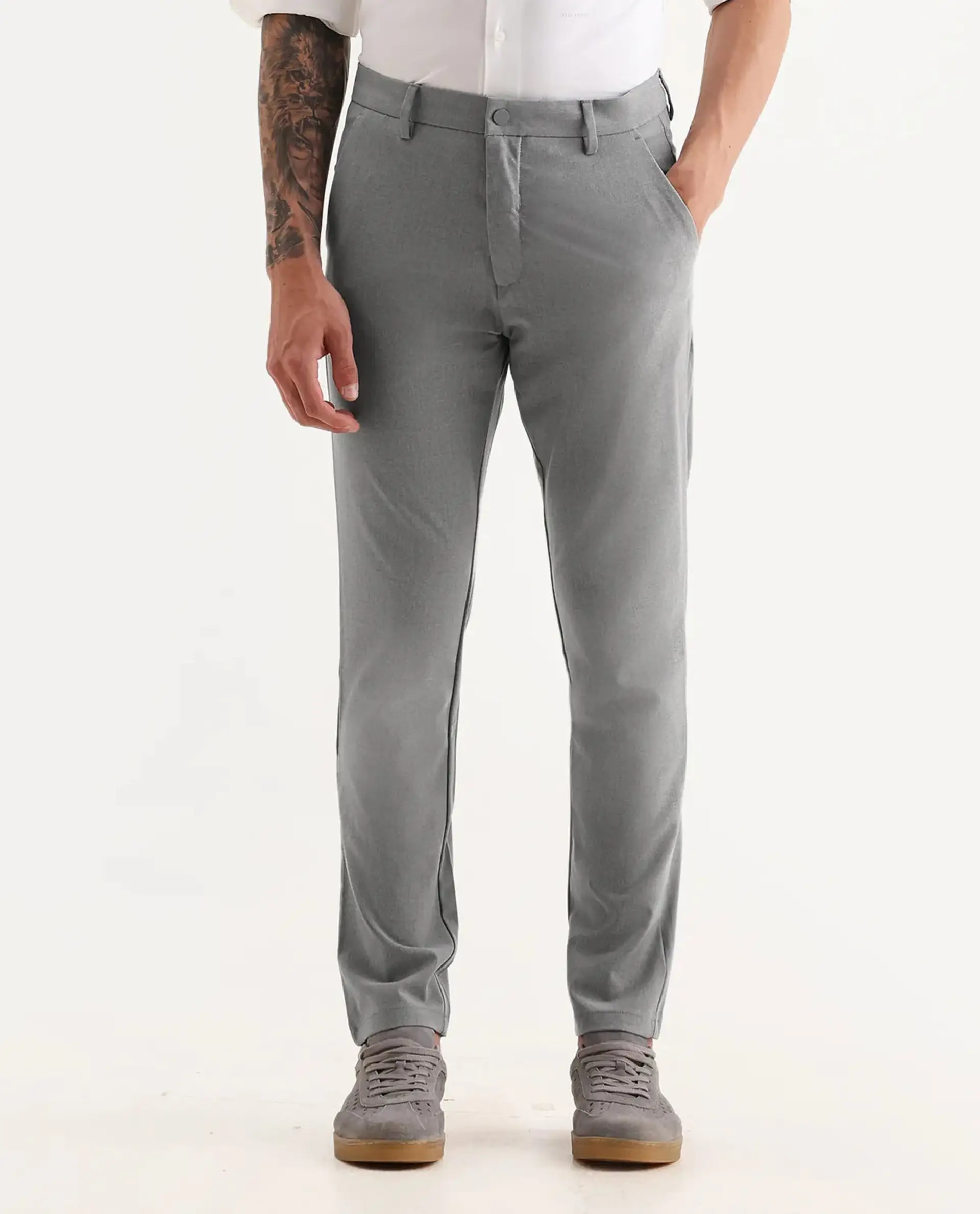 Rare Rabbit Men's Travel-25 Grey Polyester Blend Plain Regular Fit Trouser - Image 7