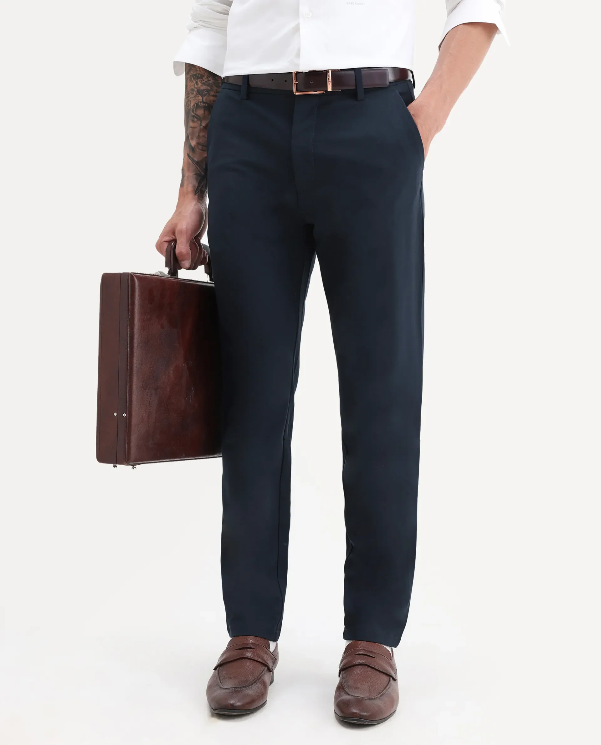 Rare Rabbit Men's Travel-25 Navy Polyester Blend Plain Regular Fit Trouser - Image 2