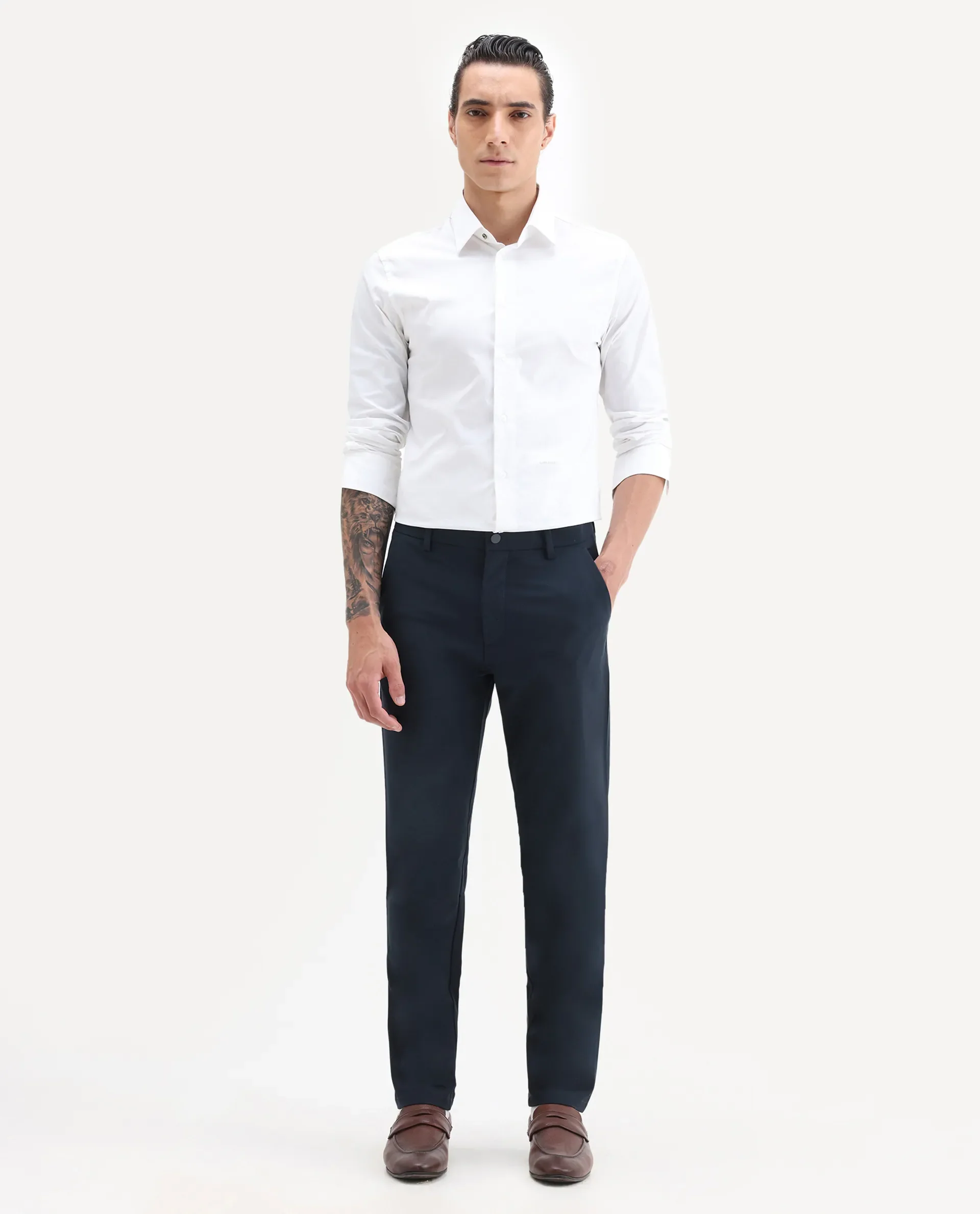 Rare Rabbit Men's Travel-25 Navy Polyester Blend Plain Regular Fit Trouser - Image 4