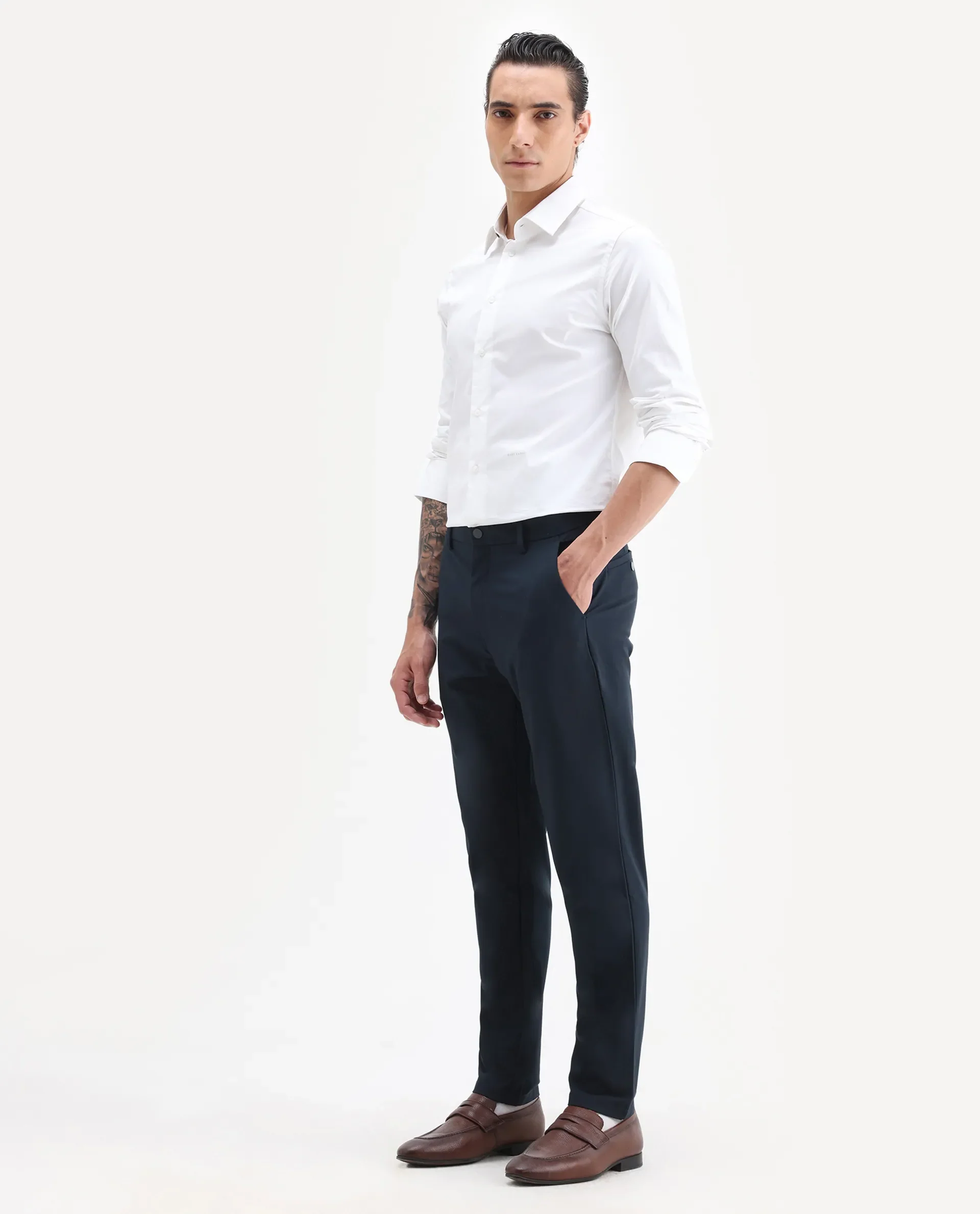 Rare Rabbit Men's Travel-25 Navy Polyester Blend Plain Regular Fit Trouser - Image 5