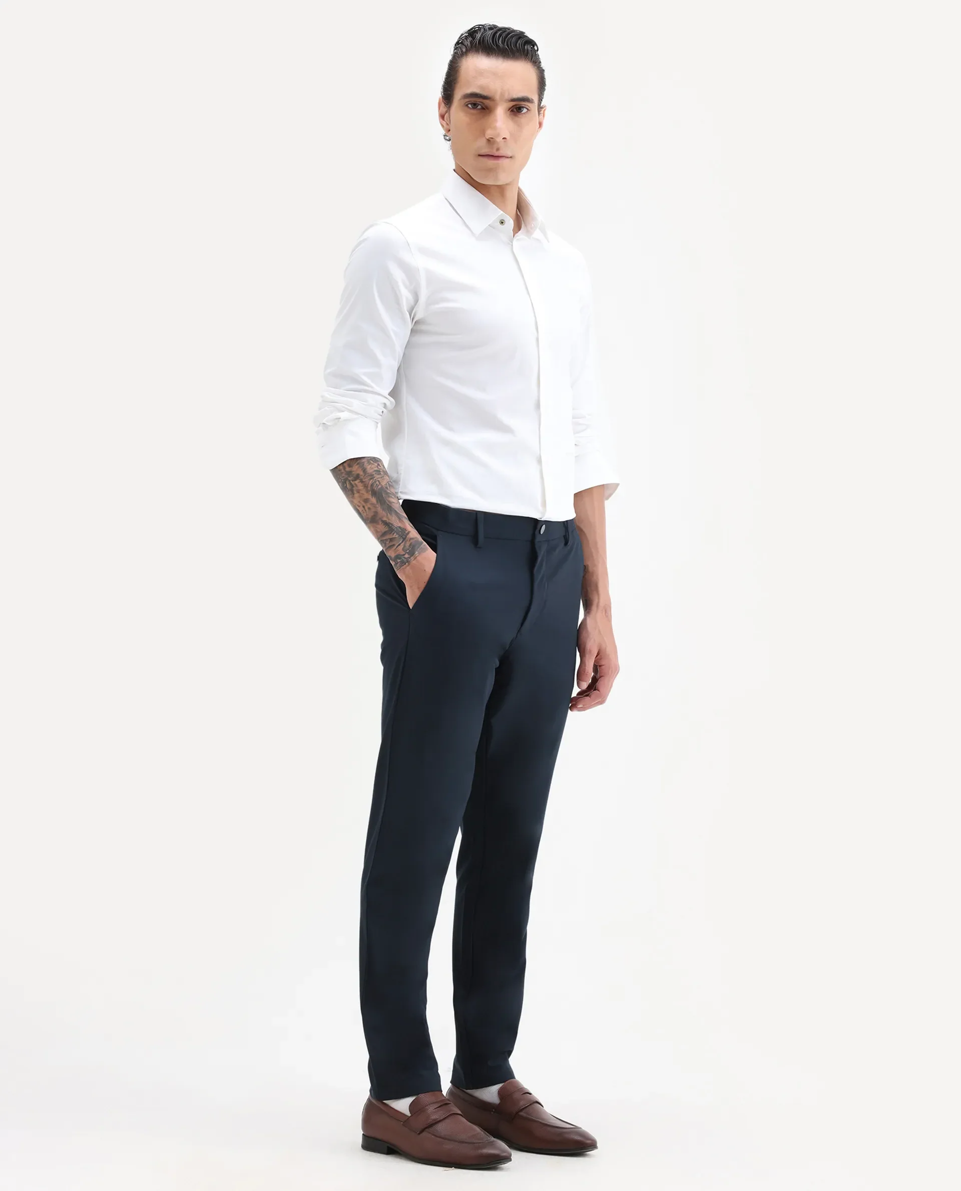 Rare Rabbit Men's Travel-25 Navy Polyester Blend Plain Regular Fit Trouser - Image 6