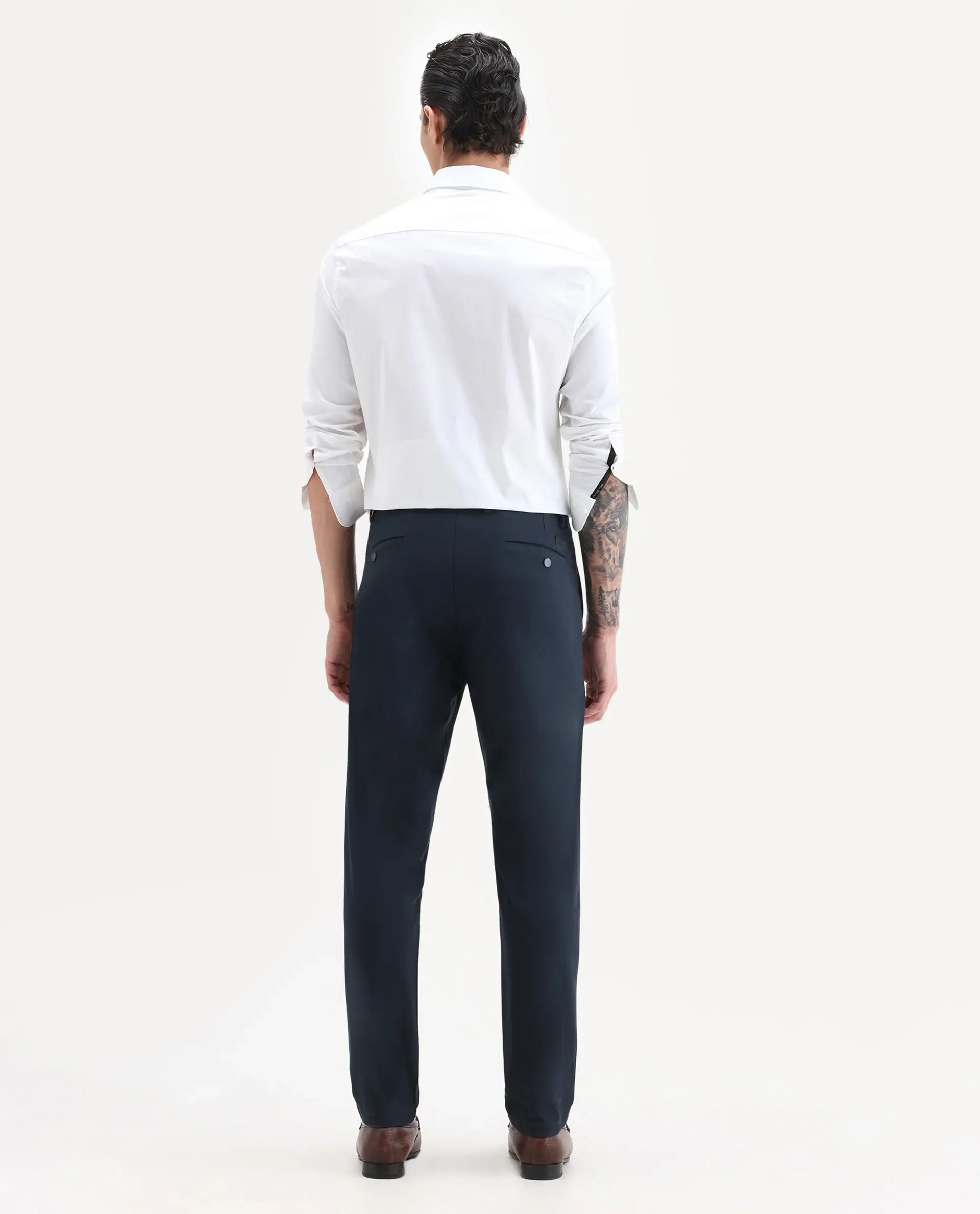Rare Rabbit Men's Travel-25 Navy Polyester Blend Plain Regular Fit Trouser - Image 7