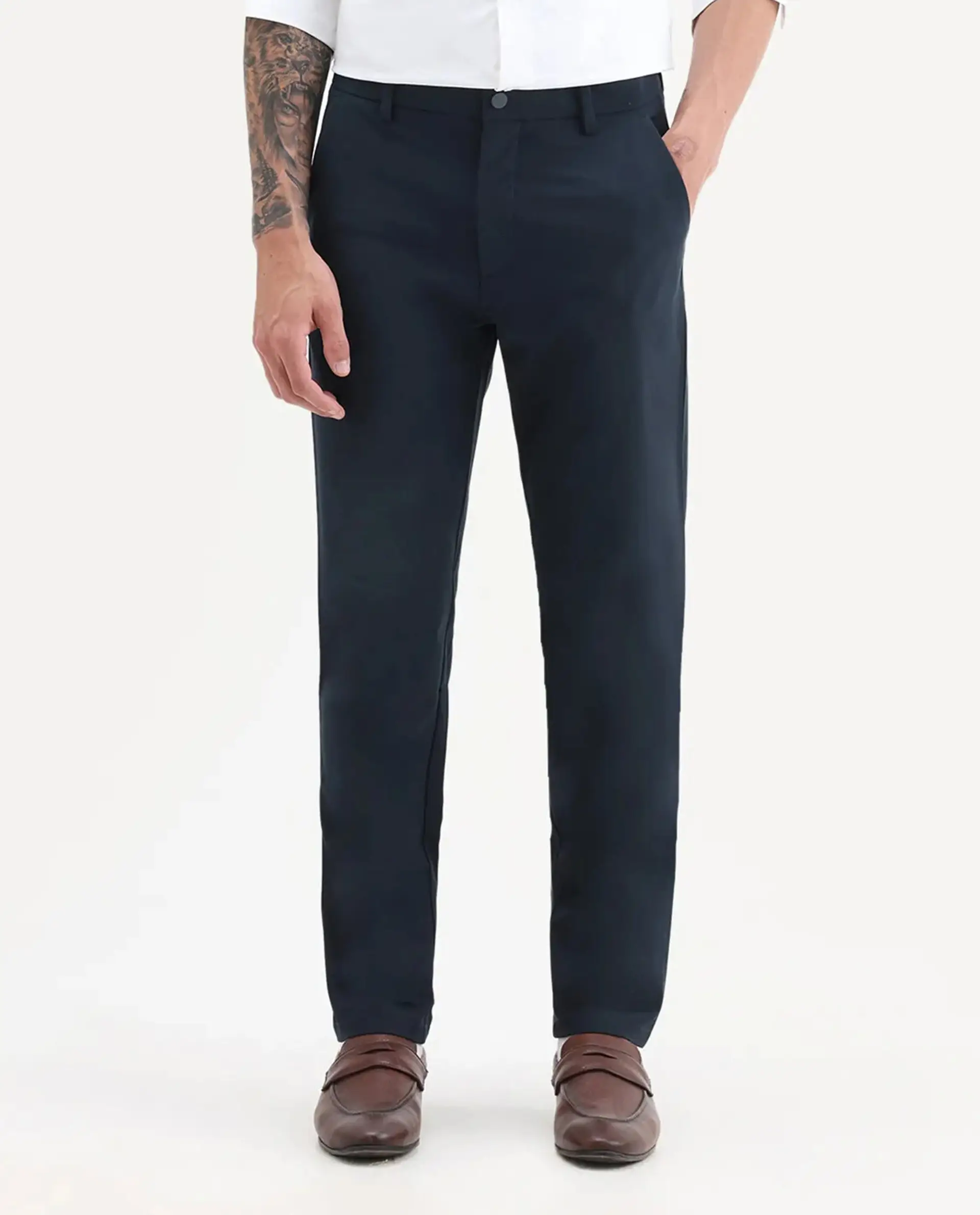 Rare Rabbit Men's Travel-25 Navy Polyester Blend Plain Regular Fit Trouser - Image 8