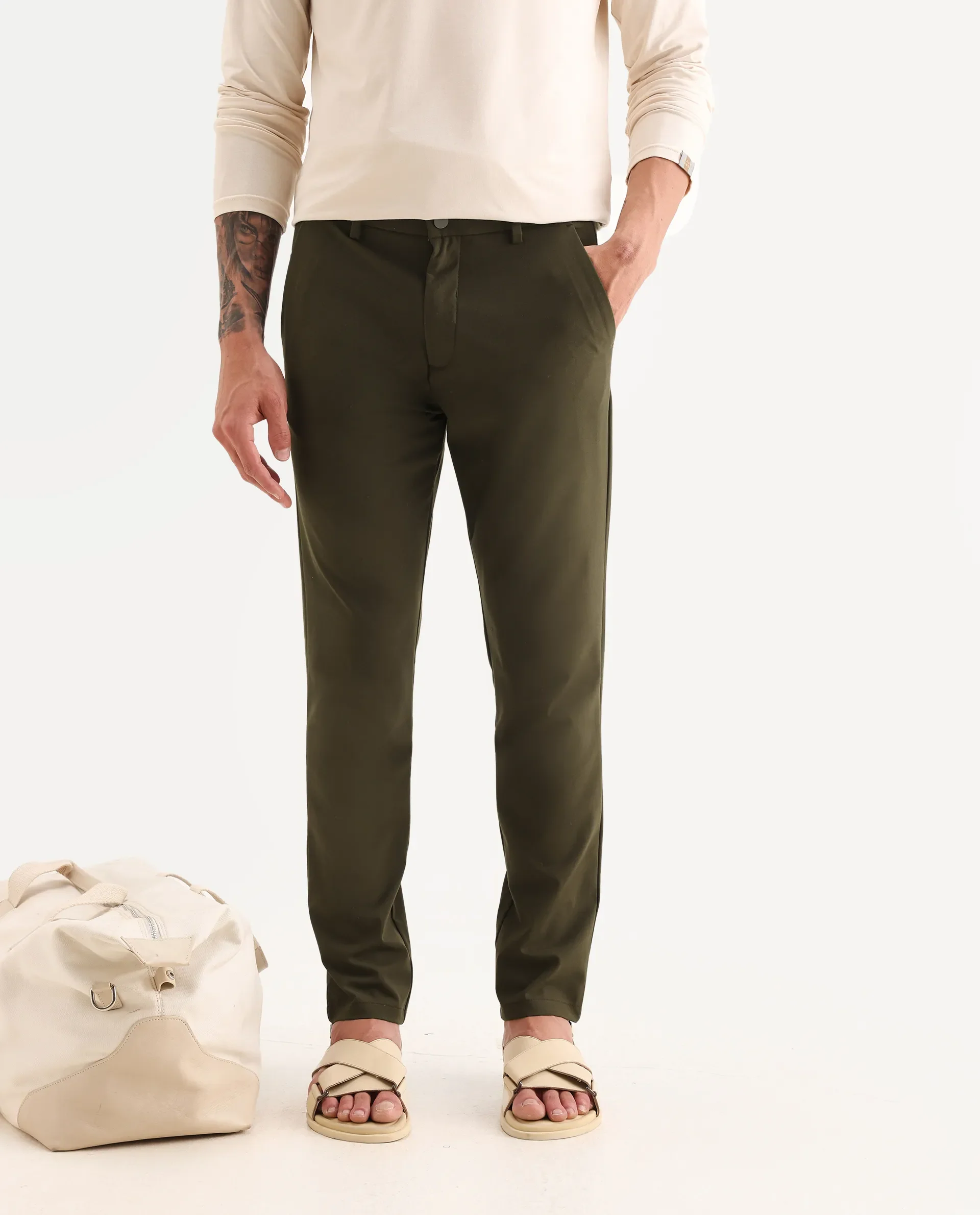 Rare Rabbit Men's Travel-25 Olive Polyester Blend Plain Regular Fit Trouser - Image 2